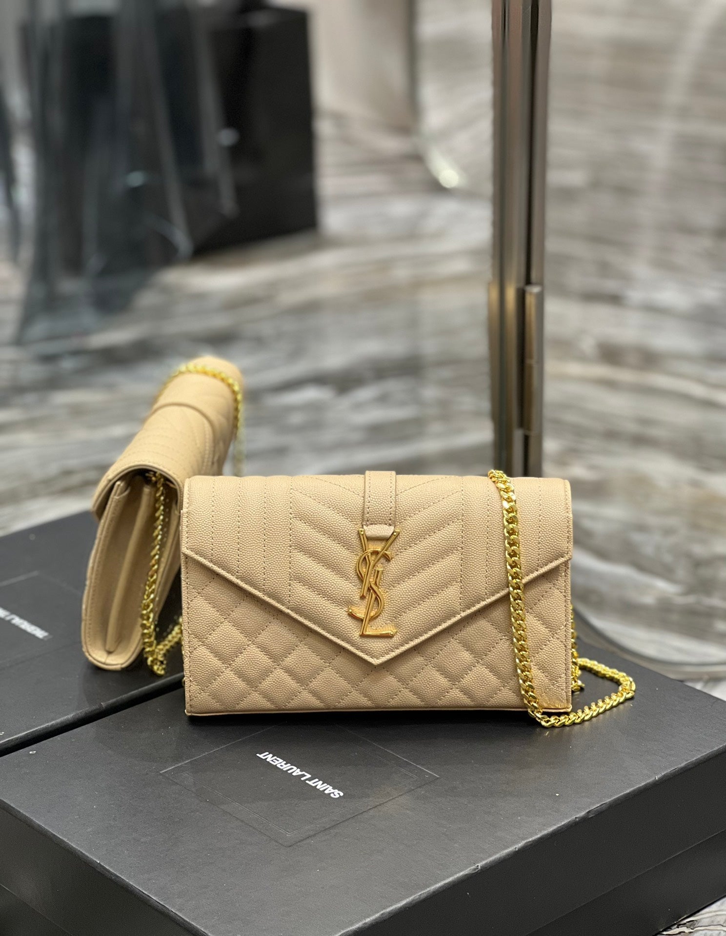 YSSL Envelope Small Chain Bag Beige For Women, Women’s Bags 8in/22cm YSL