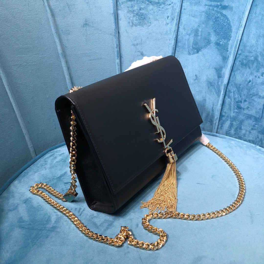 YSSL Kate Medium Chain Bag With Tassel In Grain De Poudre Black For Women 9in/24cm YSL 354119BOW0J1000