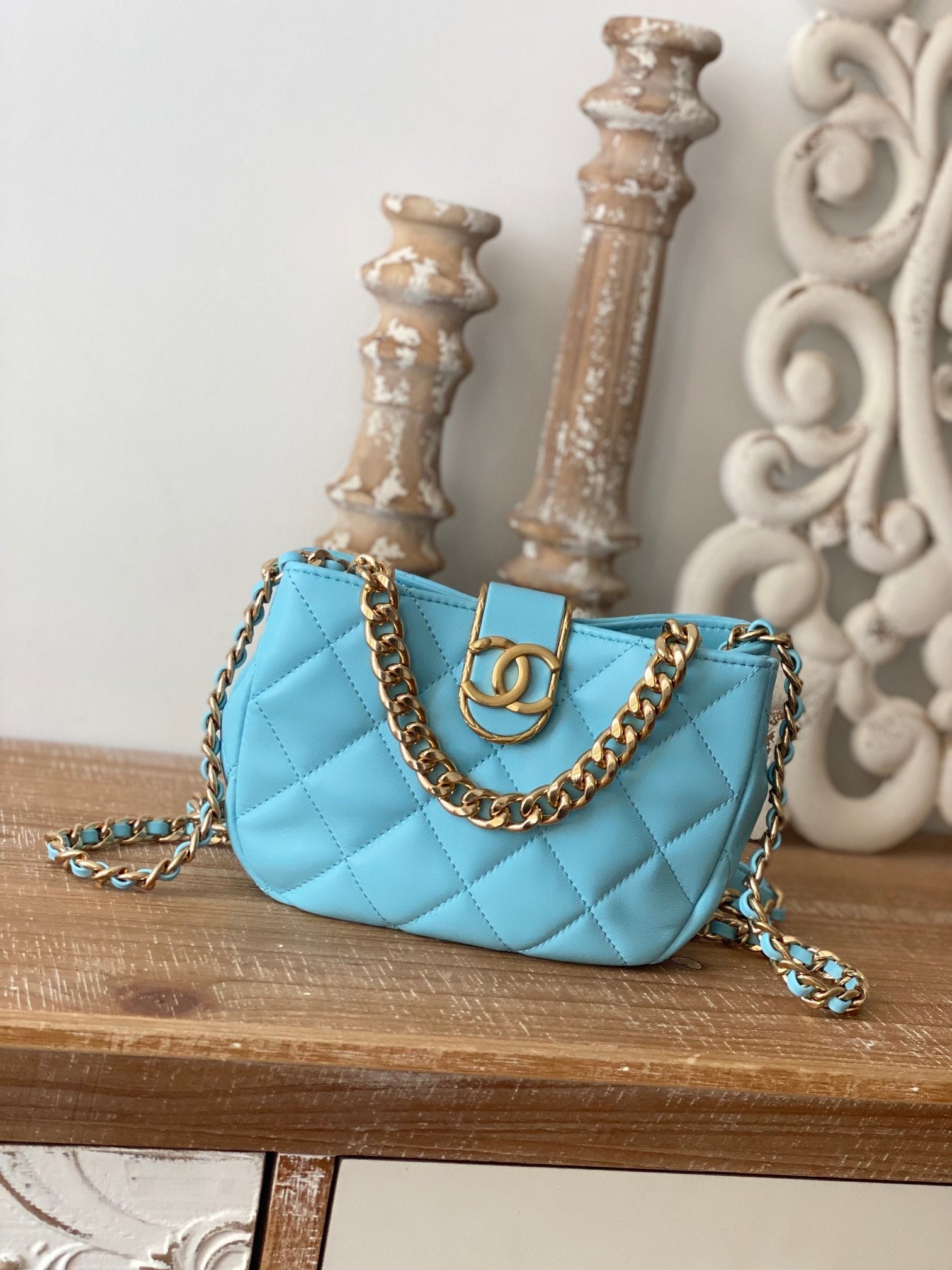 ChanelSmall Hobo Bag Gold Hardware Blue For Women Handbags, Shoulder Bags 7.5in/19cm