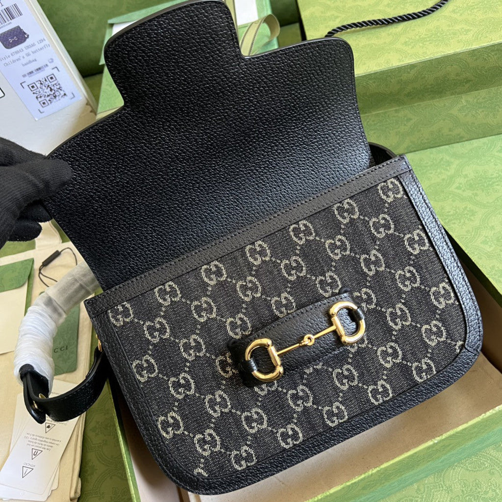 Gucci Horsebit 1955 Shoulder Bag Black And Ivory Gucci Denim Jacquard For Women 9.8in/25cm 602204 UN3BG 1274