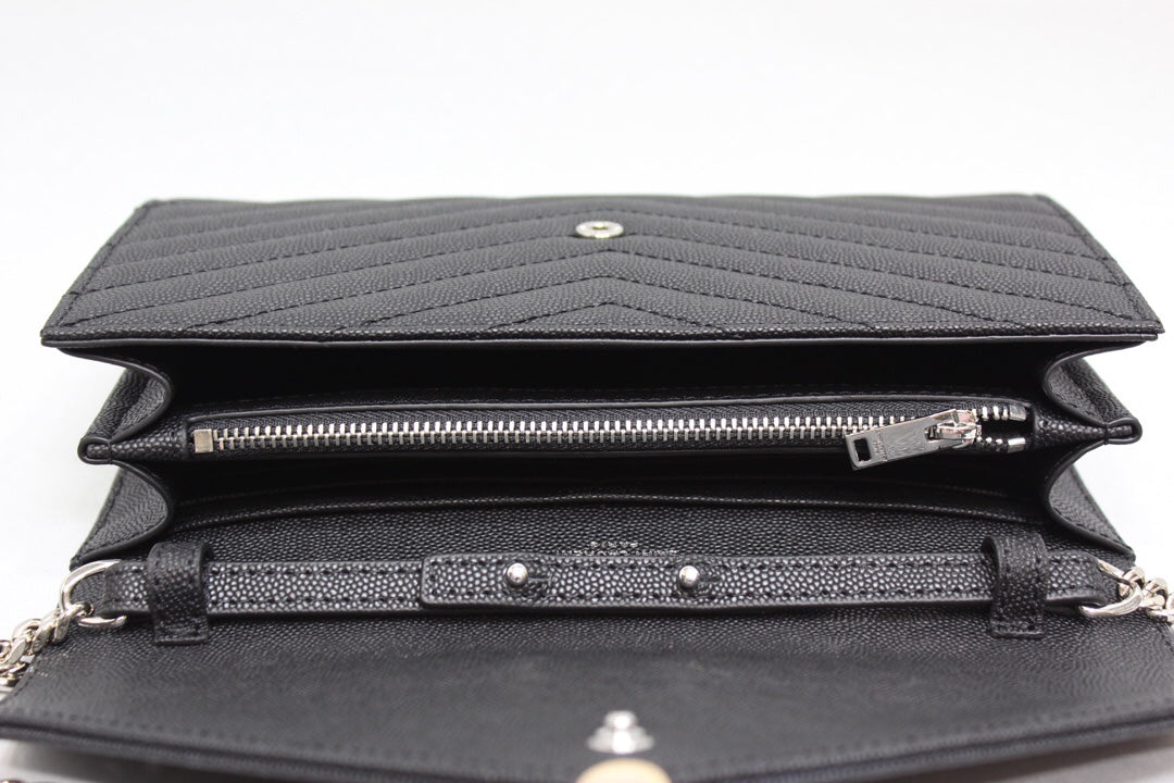 Top Quality Cassandre MatelassÃ© Chain Wallet In Grain De Poudre Embossed Black For Women 8.8in/23cm YSL 377828BOW021000