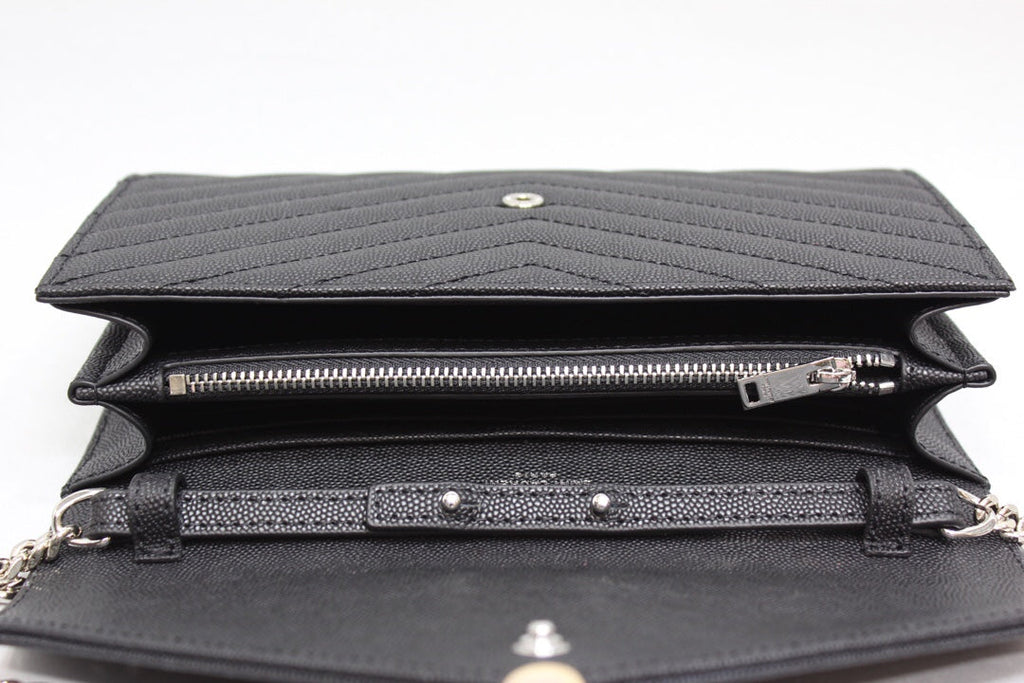 YSSL Cassandre MatelassÃ© Chain Wallet In Grain De Poudre Embossed Black For Women 8.8in/23cm YSL 377828BOW021000