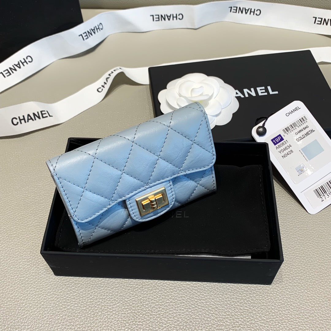 Chanel CHL 2.55 FLAP CARD HOLDER LIGHT BLUE WALLET