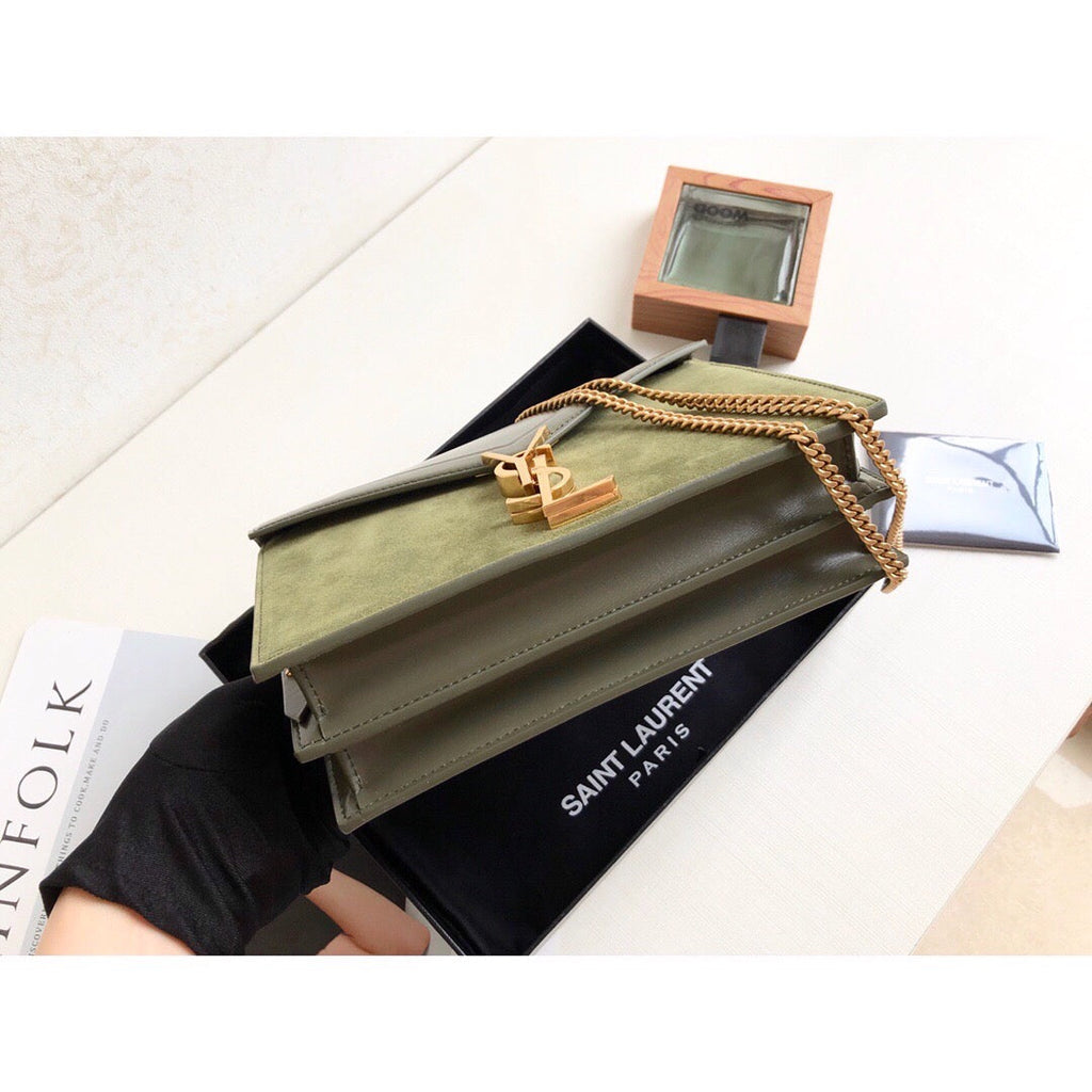 YSSL Cassandra Medium Chain Bag In Box And Velvet Green For Women 8in/22cm YSL