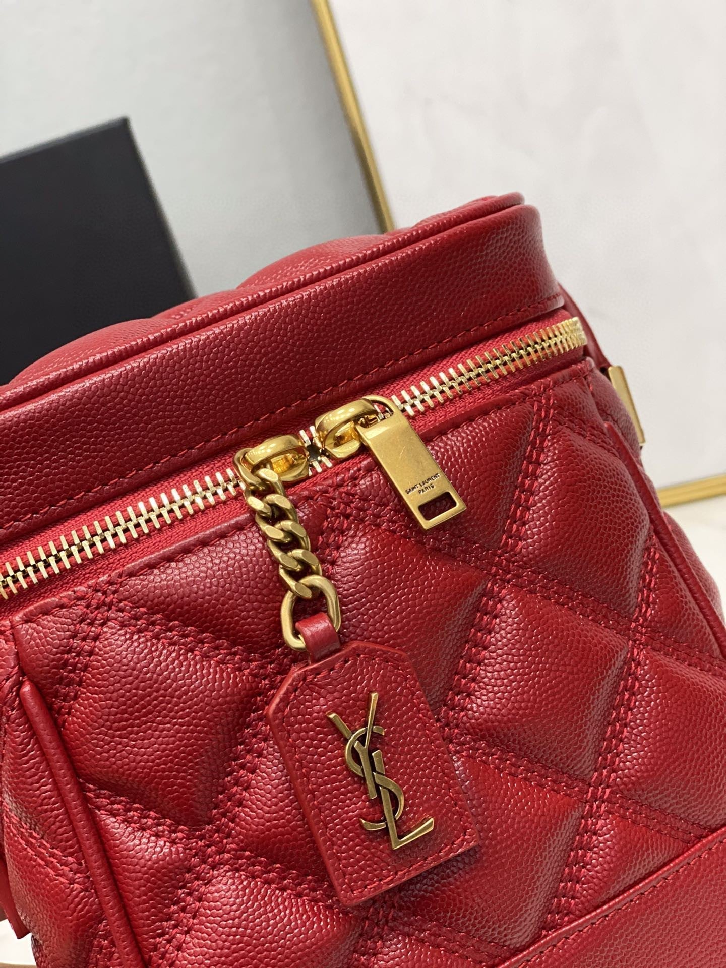 YSSL 80’s Vanity Bag In CarrÃ©-Quilted Grain De Poudre Red For Women 6in/16.5cm YSL 649779DME276805