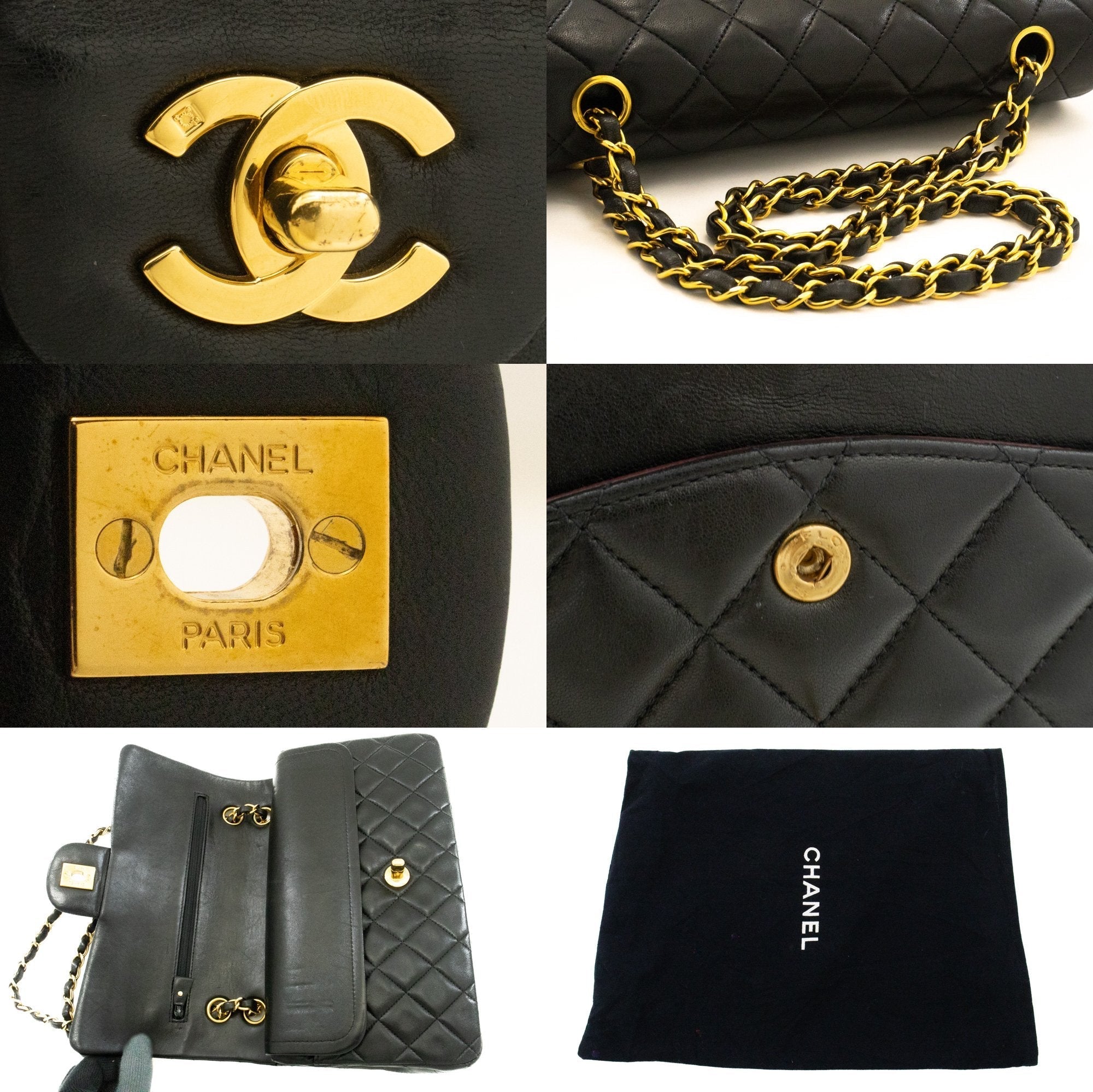 CHANEL Classic Double Flap 10" Chain Shoulder Bag Black Lambskin k49