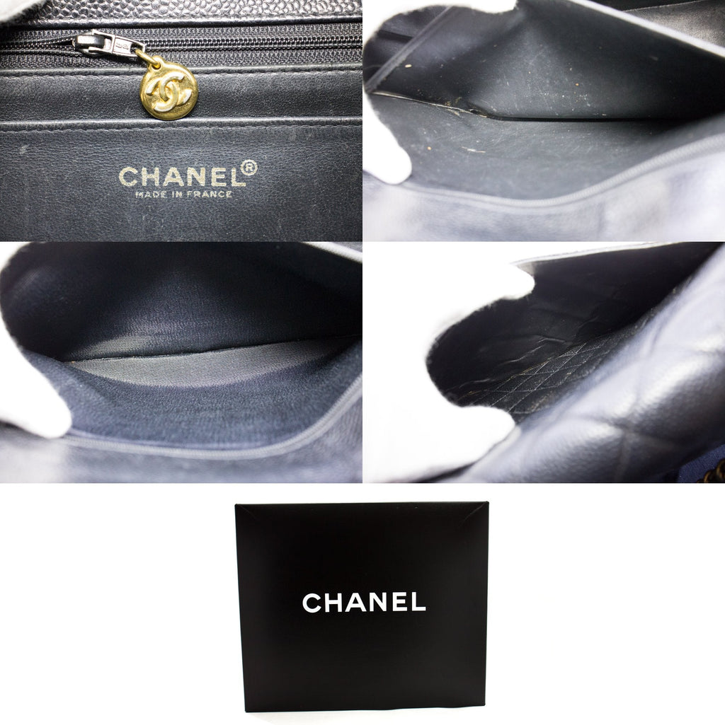 CHANEL Jumbo Caviar 11" Large Chain Shoulder Bag Flap Black Quilt e23