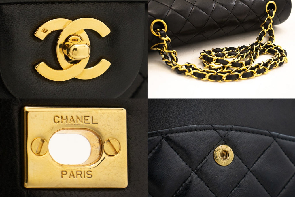 CHANEL Classic Double Flap 10" Chain Shoulder Bag Black Lambskin j92