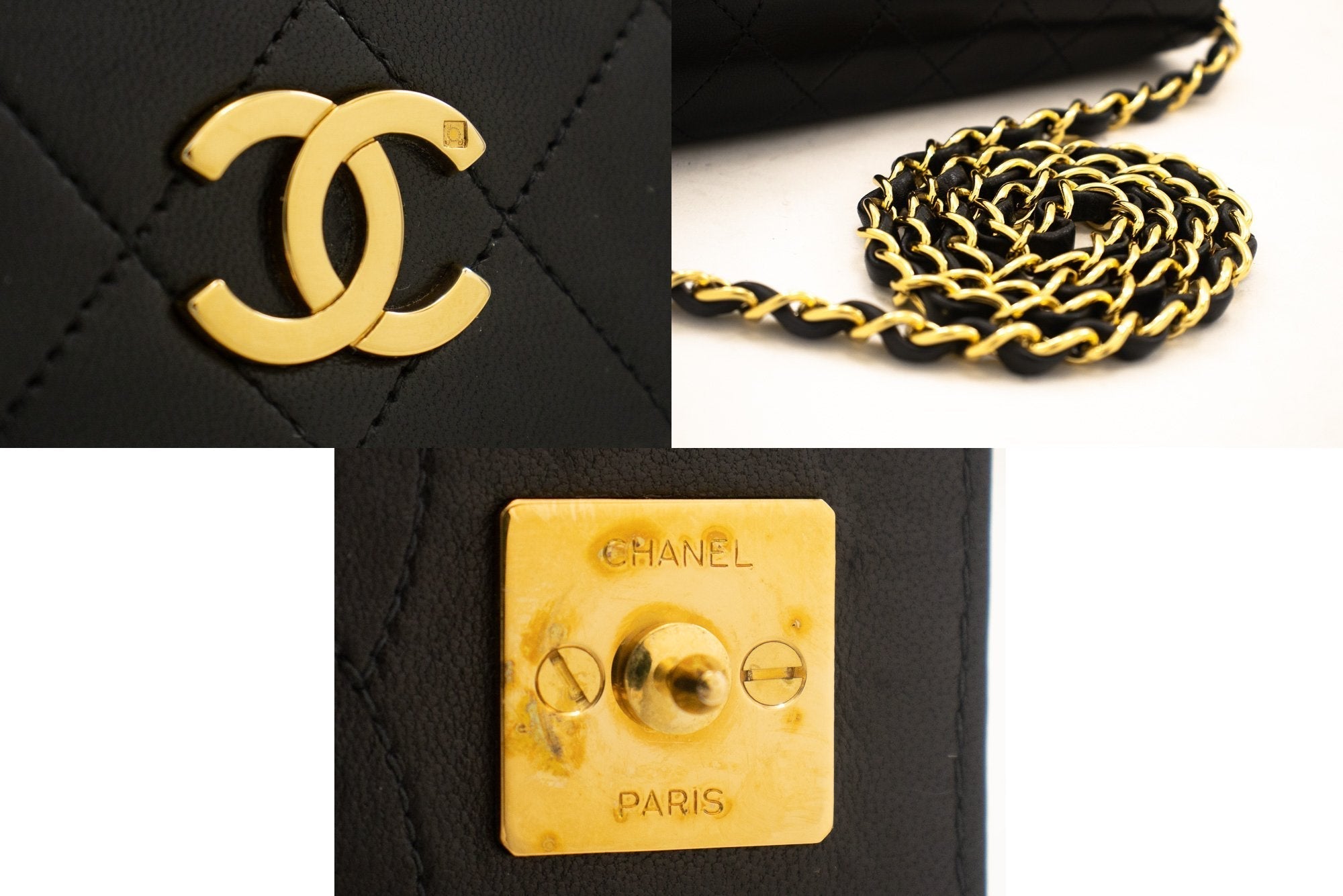 CHANEL Full Flap Chain Shoulder Bag Clutch Black Quilted Lambskin j67