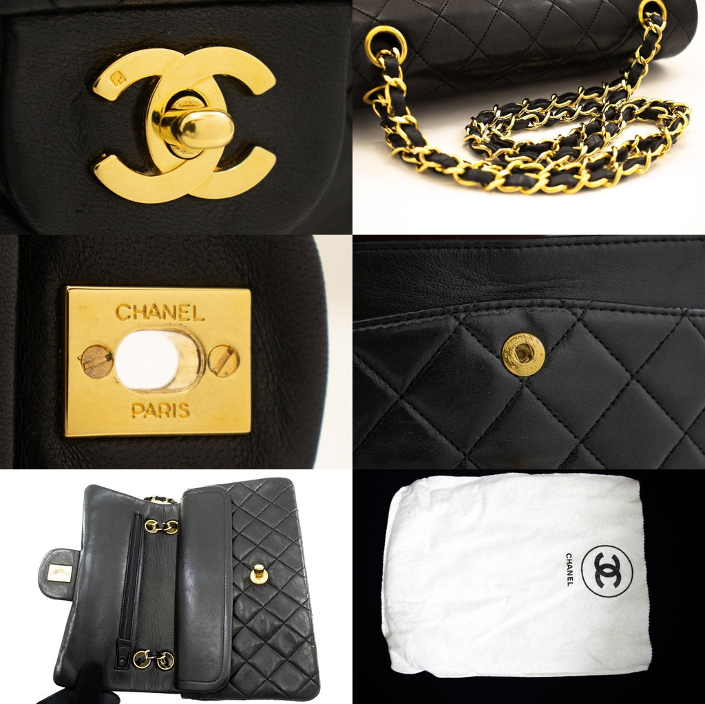 CHANEL Classic Double Flap 9" Chain Shoulder Bag Black Lambskin k65