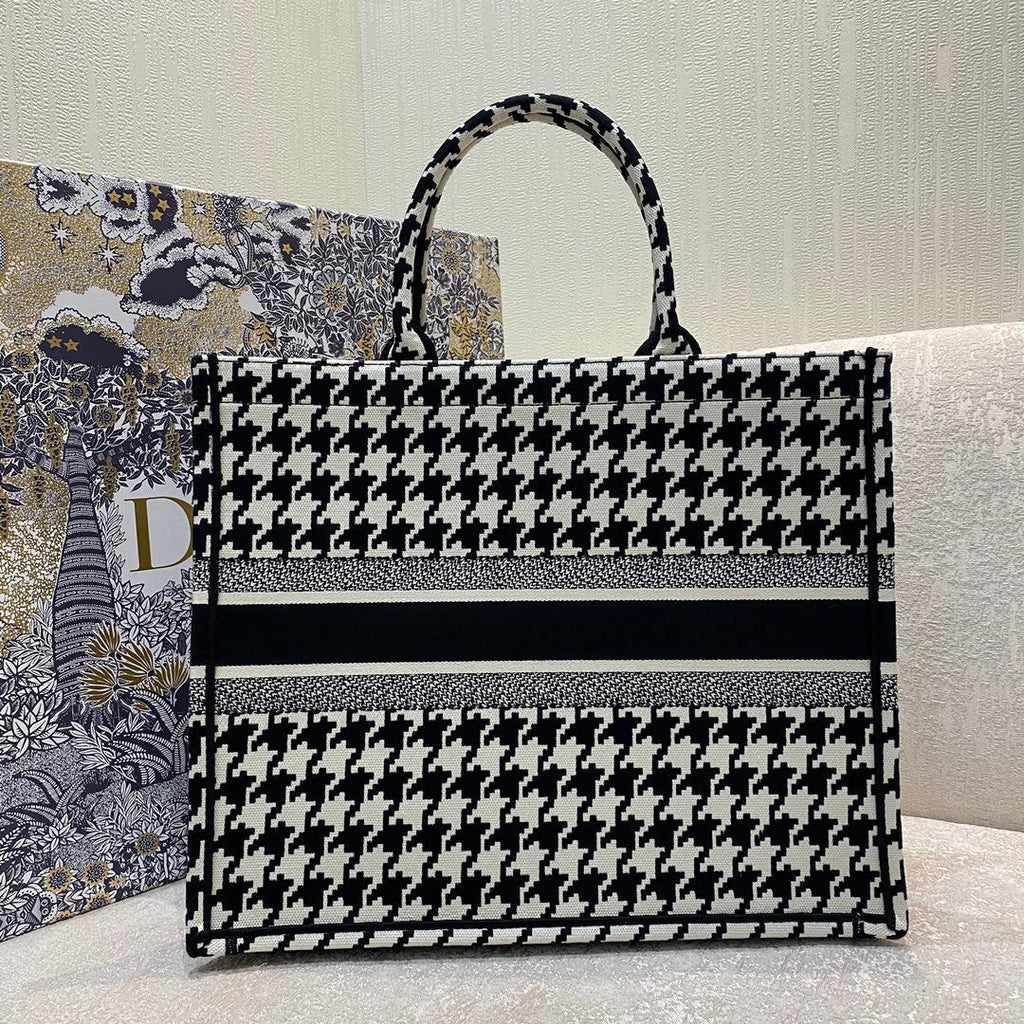 Dior Large Book Tote Black Houndstooth Embroidery, Black/White, For Women Women’s Handbags, Shoulder Bags, 42cm CD