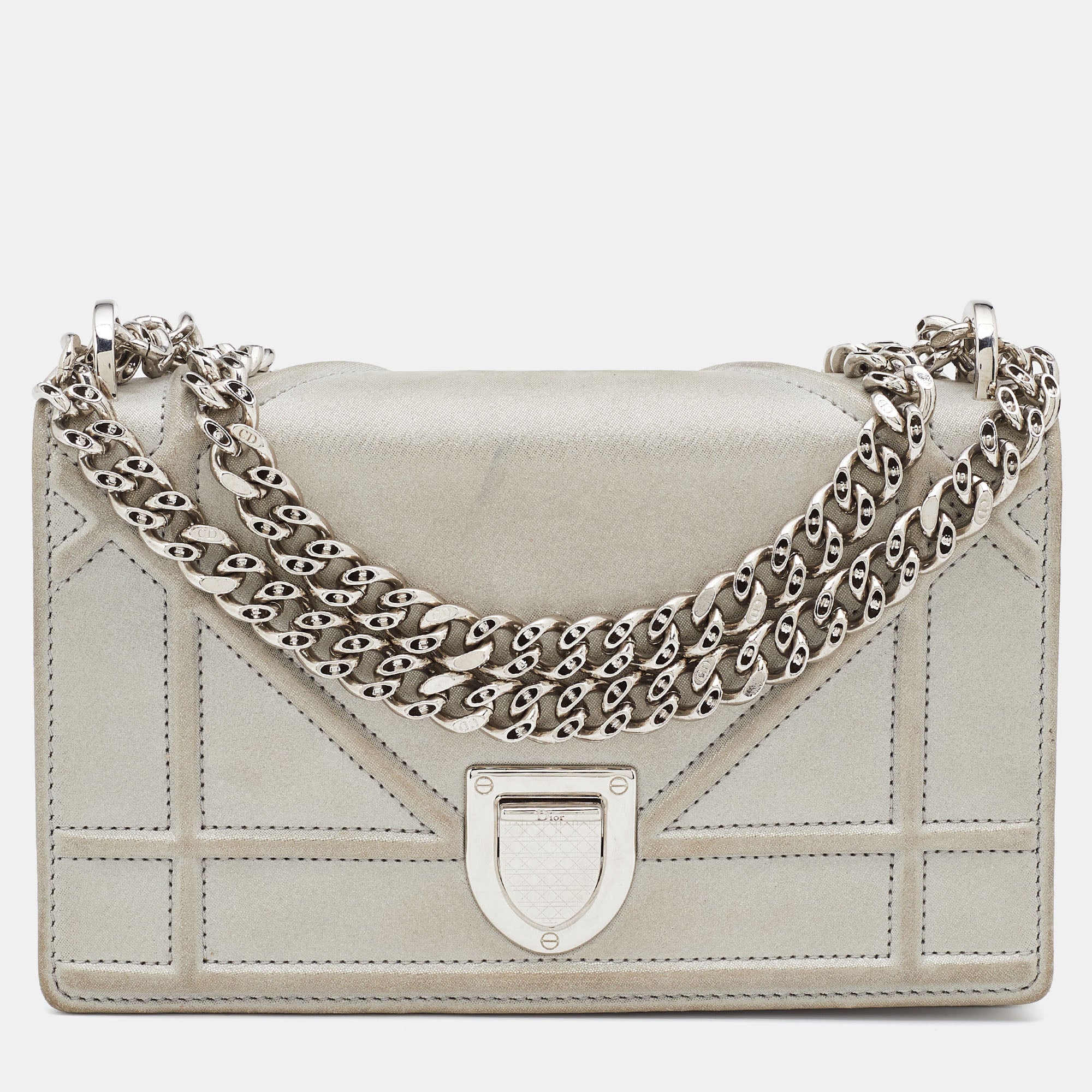 Grey Shimmering Leather Mini Diorama Crossbody Bag