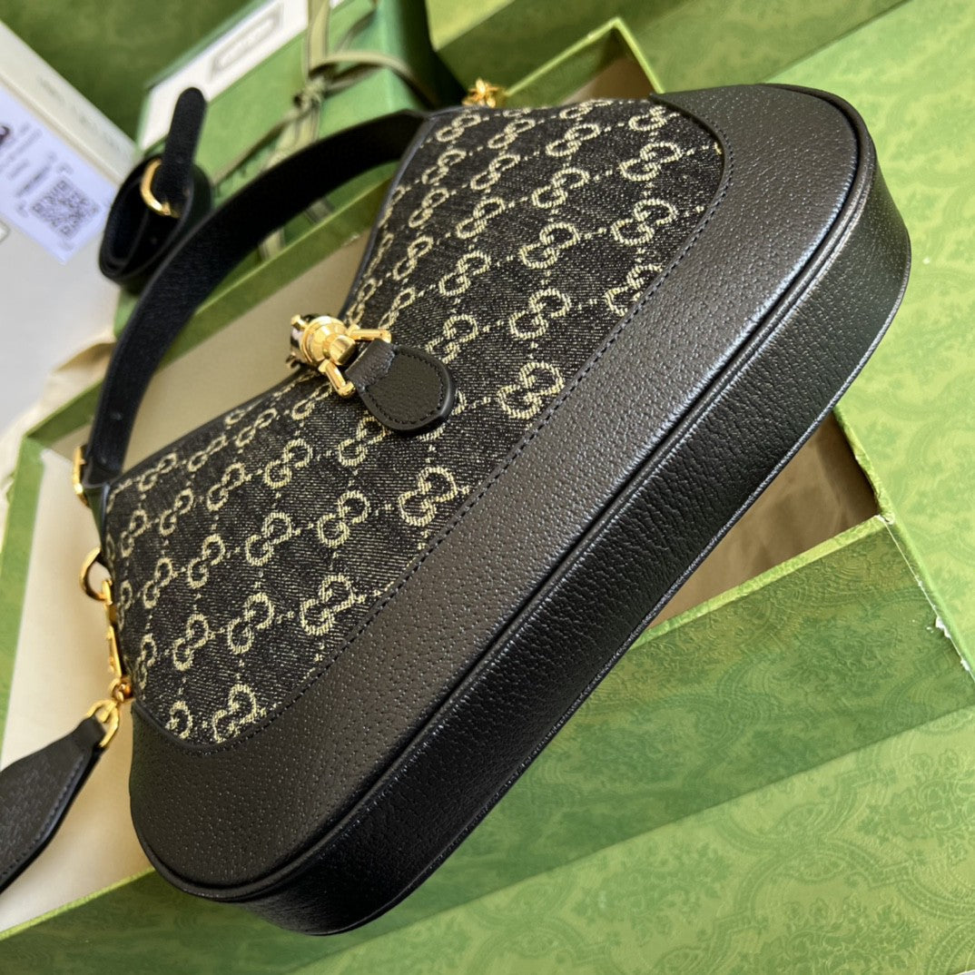Jackie 1961 Small Shoulder Bag Black And Ivory Denim Jacquard For Women 11in/28cm 678843 UN3AG 1294