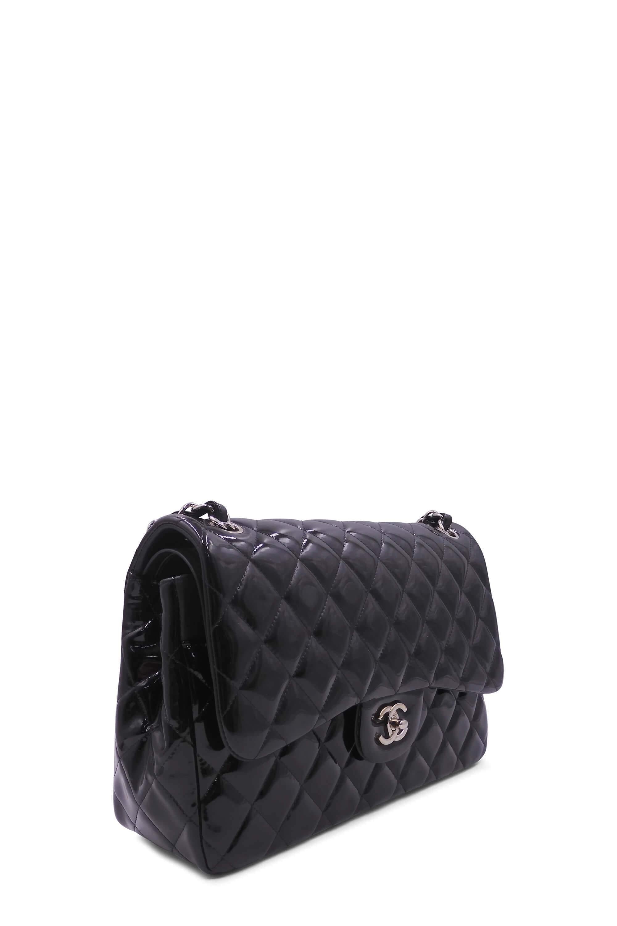 Quilted Patent Jumbo Classic Flap Bag with SiLouis Vuittoner Hardware Black