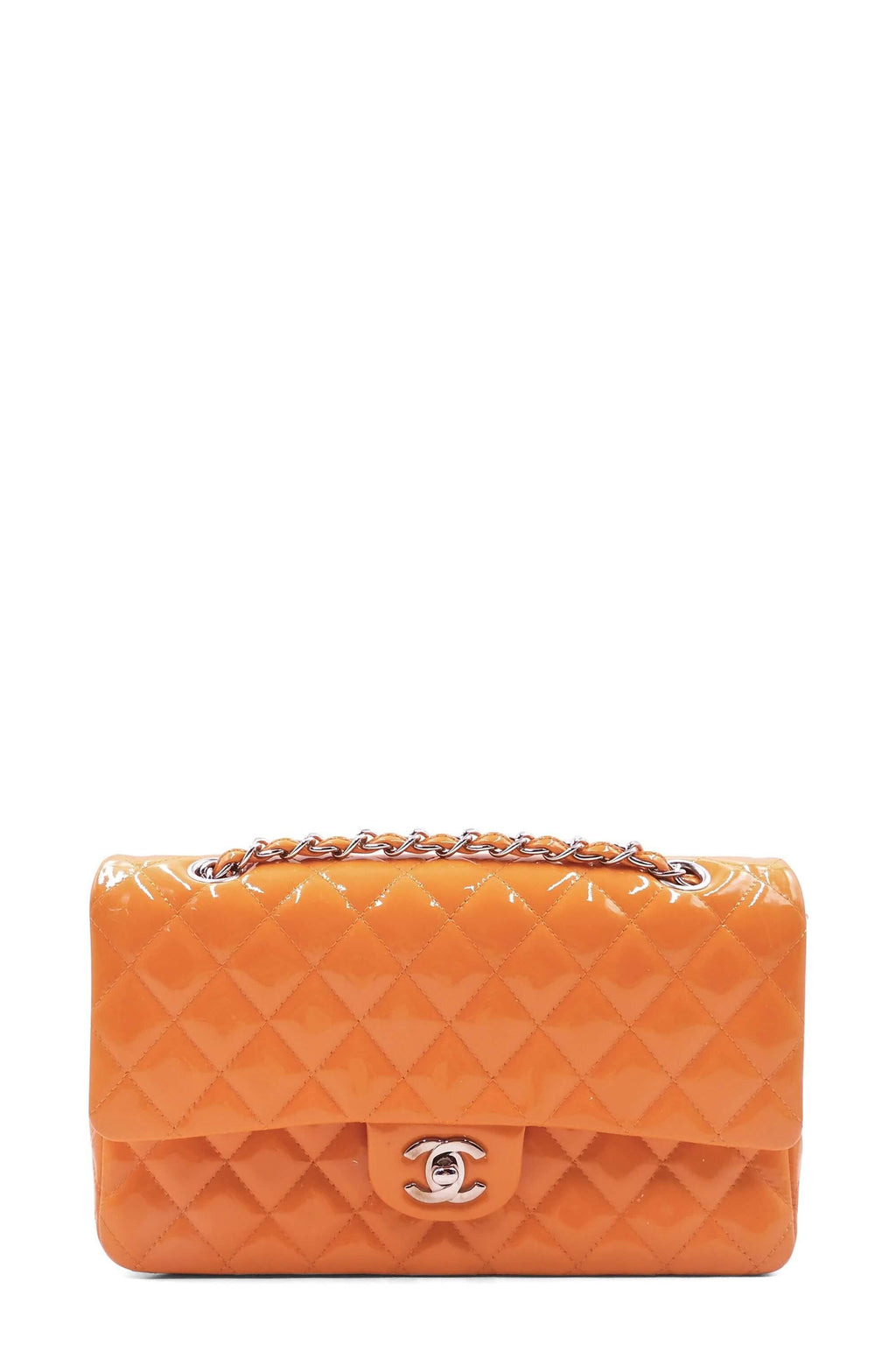 Quilted Patent Medium Classic Flap Bag Orange with SiLouis Vuittoner Hardware
