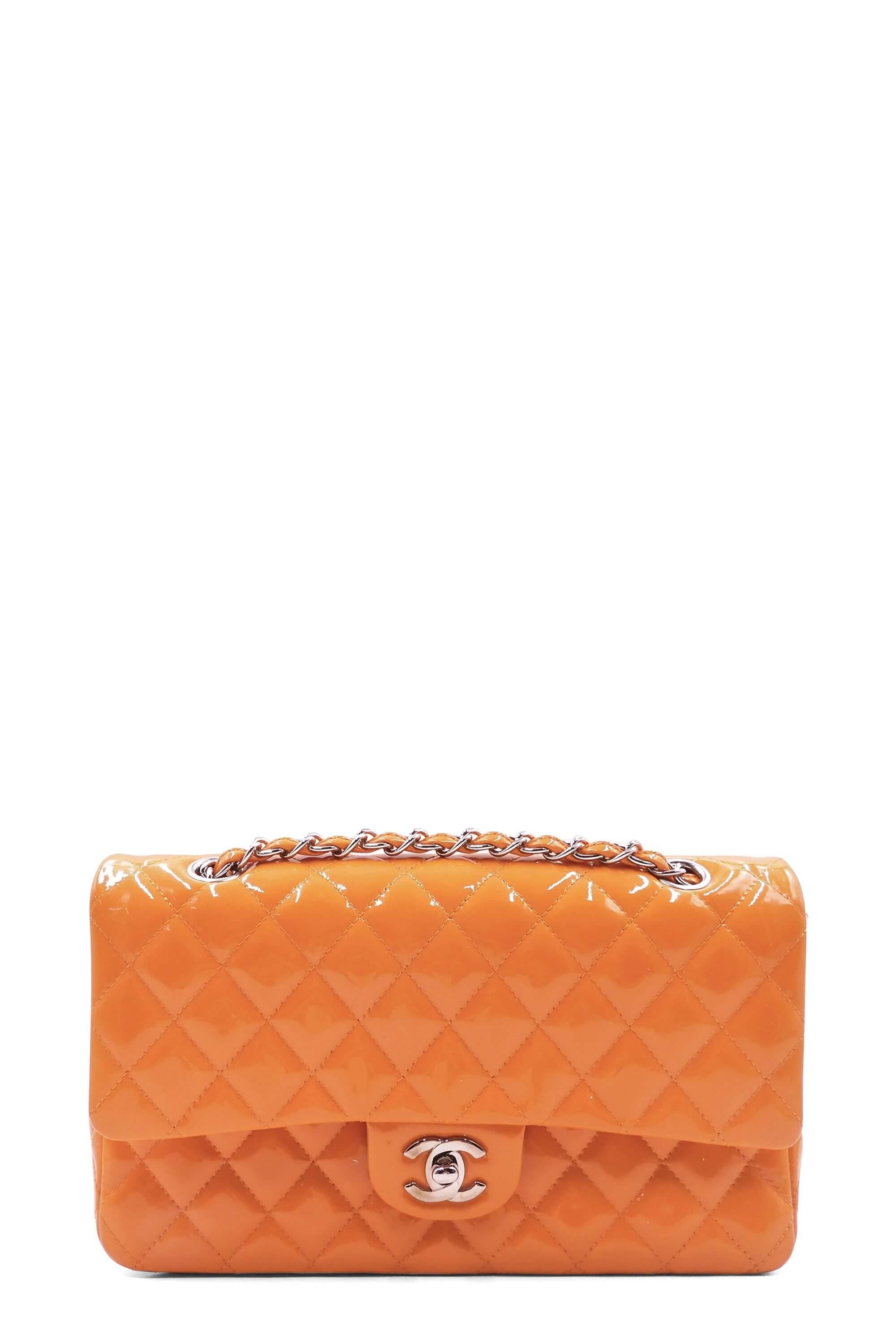 Quilted Patent Medium Classic Flap Bag Orange with SiLouis Vuittoner Hardware
