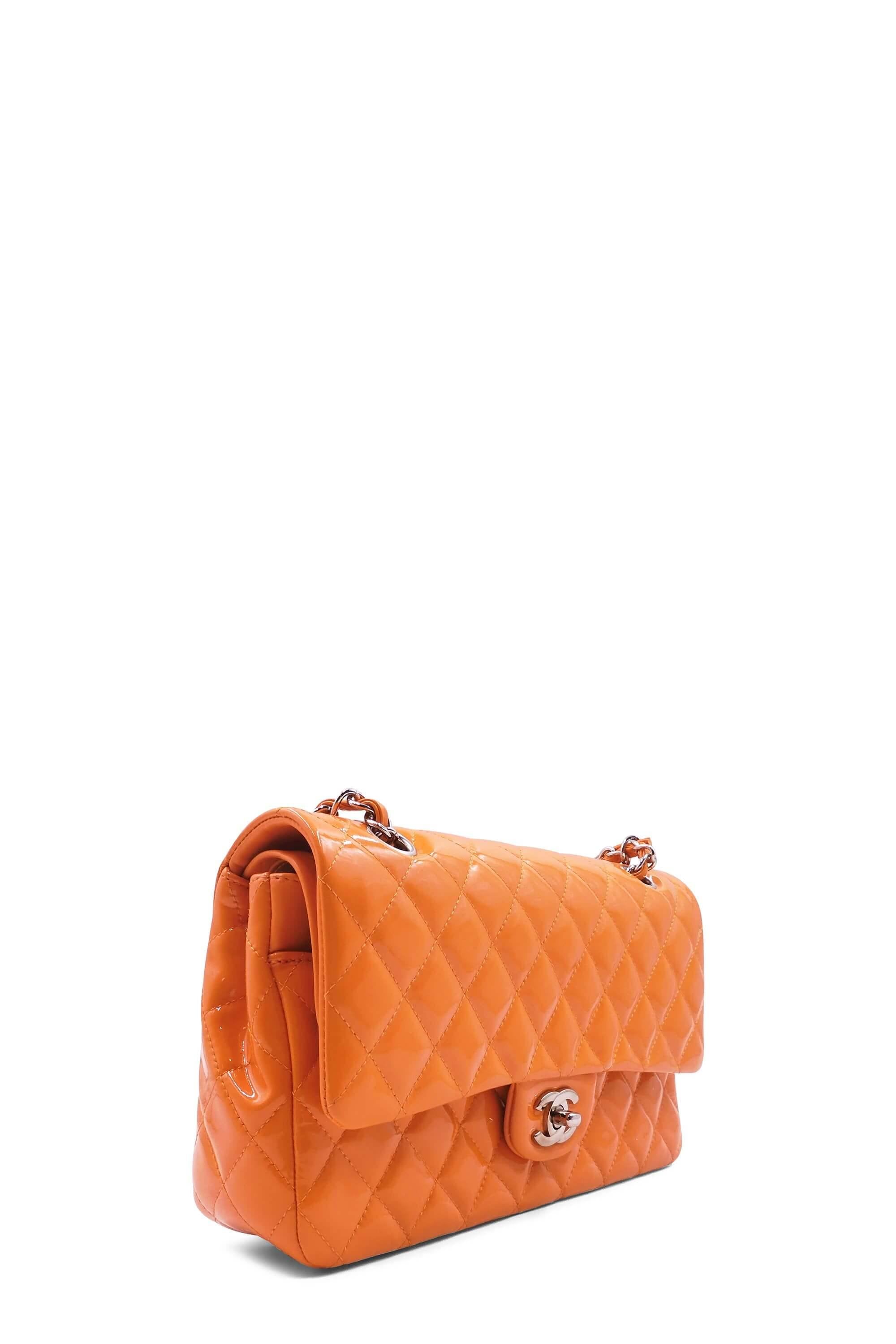 Quilted Patent Medium Classic Flap Bag Orange with SiLouis Vuittoner Hardware