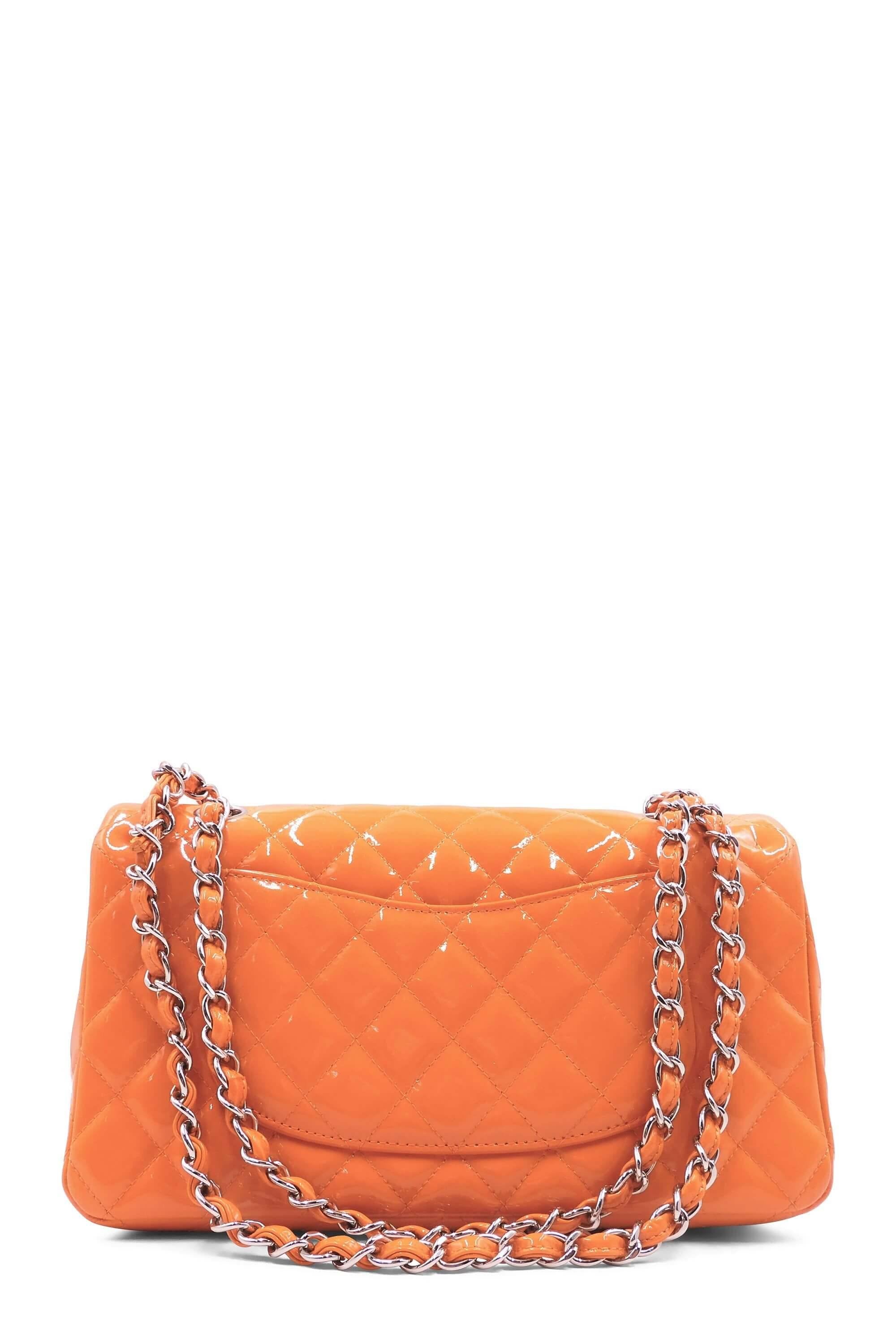 Quilted Patent Medium Classic Flap Bag Orange with SiLouis Vuittoner Hardware