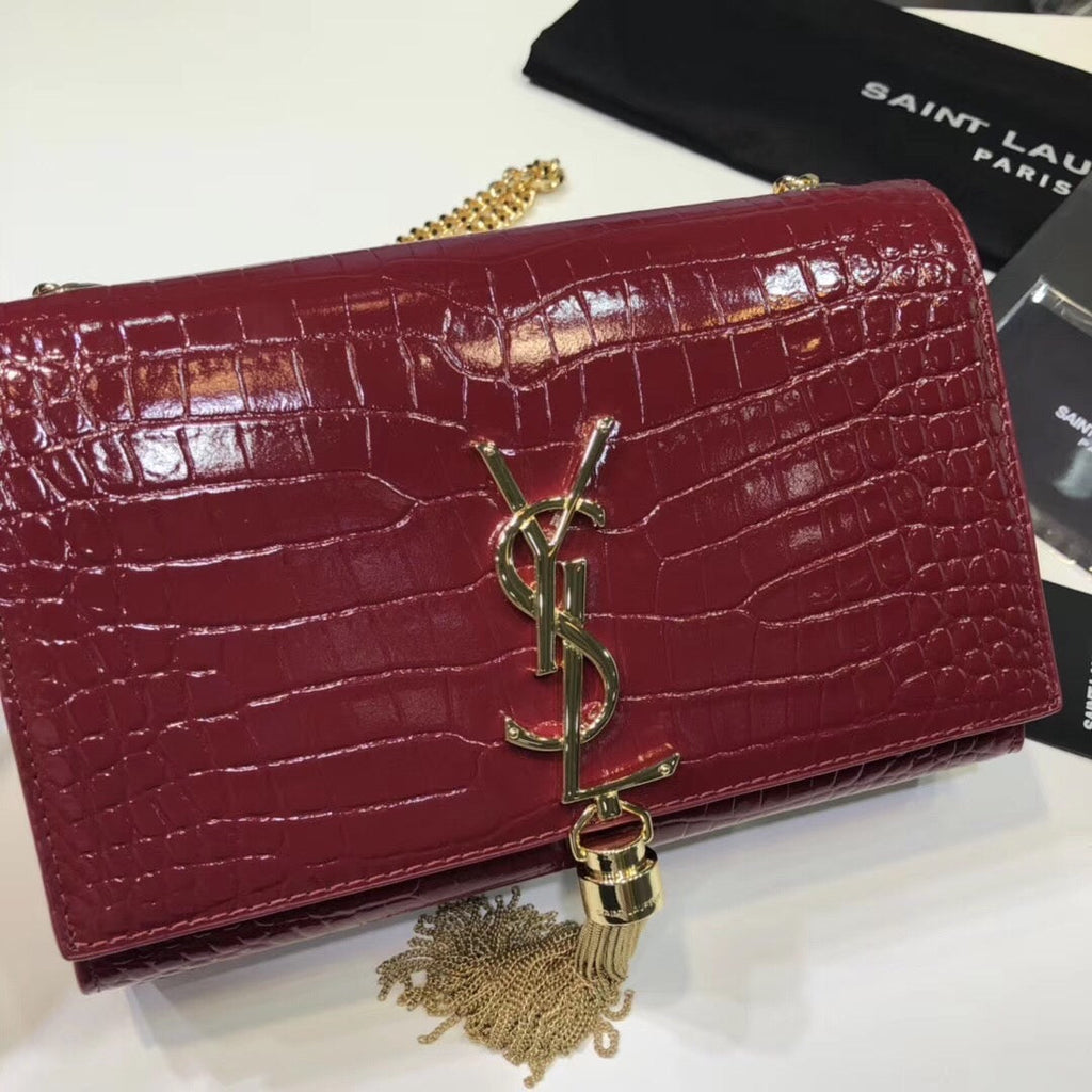Top Quality Kate Small Chain Bag With Tassel In Embossed Burgundy For Women 7.8in/20cm YSLÂ 
