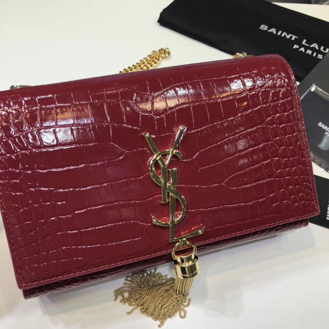 Top Quality Kate Small Chain Bag With Tassel In Embossed Burgundy For Women 7.8in/20cm YSLÂ 