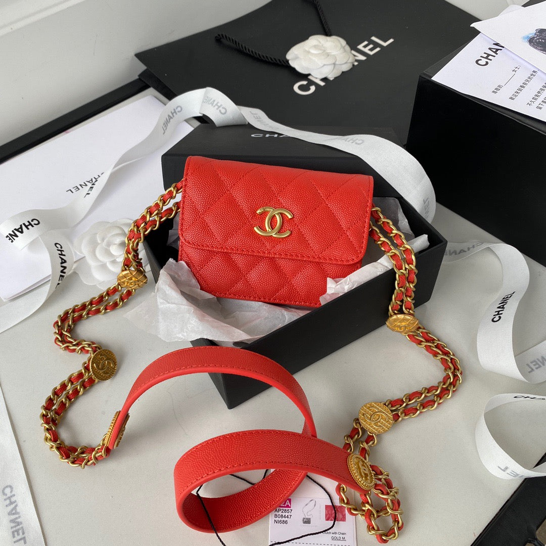 Chanel Clutch With Chain Gold Hardware Grained Shinny Red For Women Handbags, Shoulder Bags 4.7in/12cm AP2857