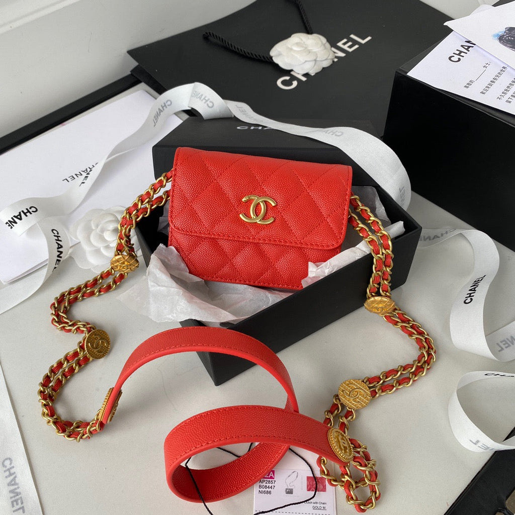 Chanel Clutch With Chain Gold Hardware Grained Shinny Red For Women, Women’s Handbags, Shoulder Bags 4.7in/12cm AP2857