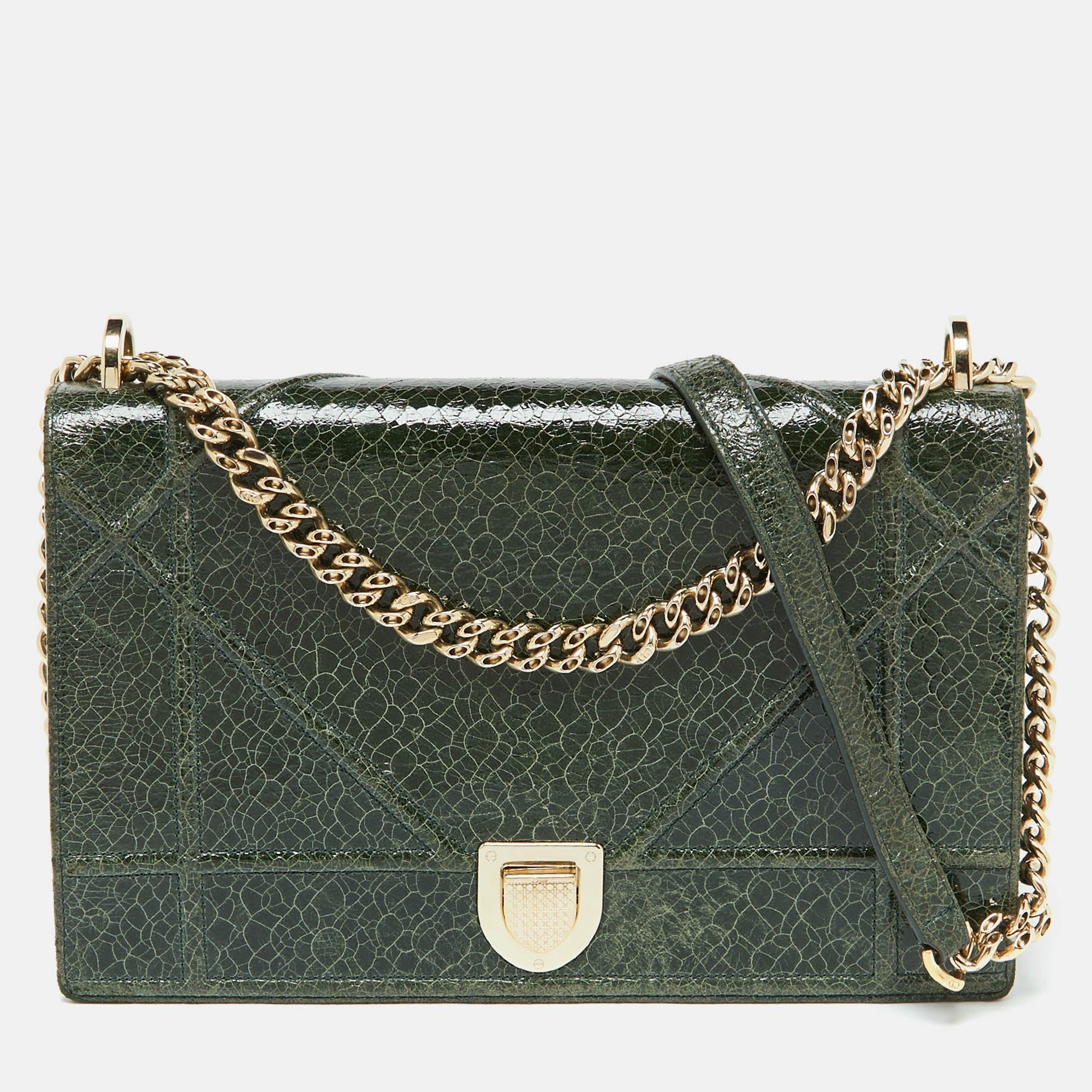 Green Crackle Leather Large Diorama Flap Shoulder Bag