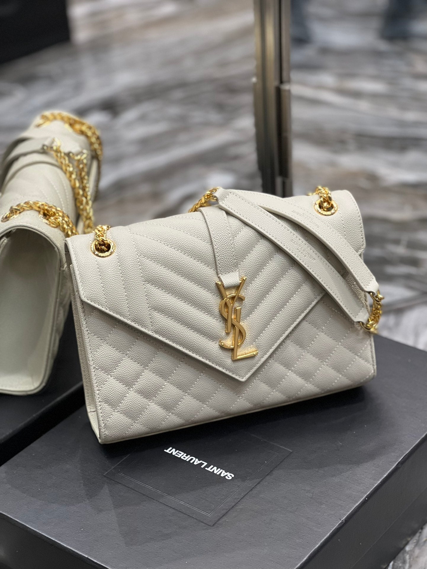 YSSL Envelope Medium Chain Bag White For Women, Women’s Bags 9in/24cm YSL
