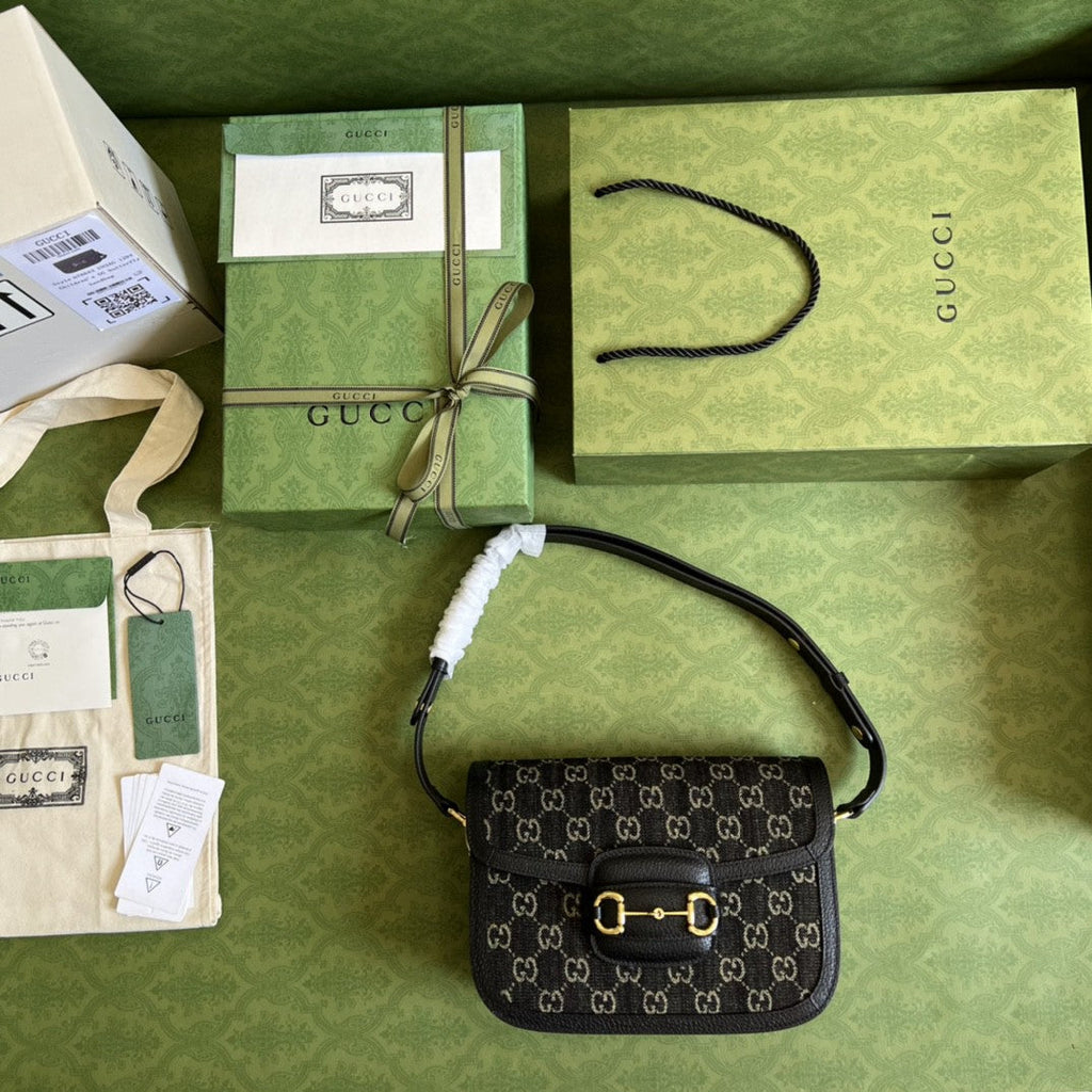 Gucci Horsebit 1955 Shoulder Bag Black And Ivory Gucci Denim Jacquard For Women 9.8in/25cm 602204 UN3BG 1274