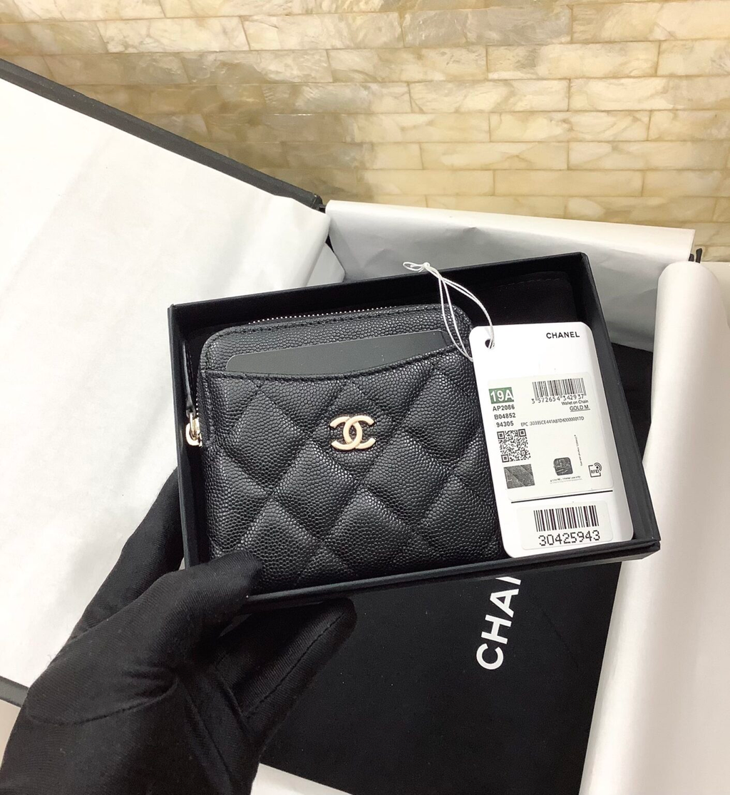 Chanel CHL  QUILTED ZIP CARD HOLDER BLACK WALLET