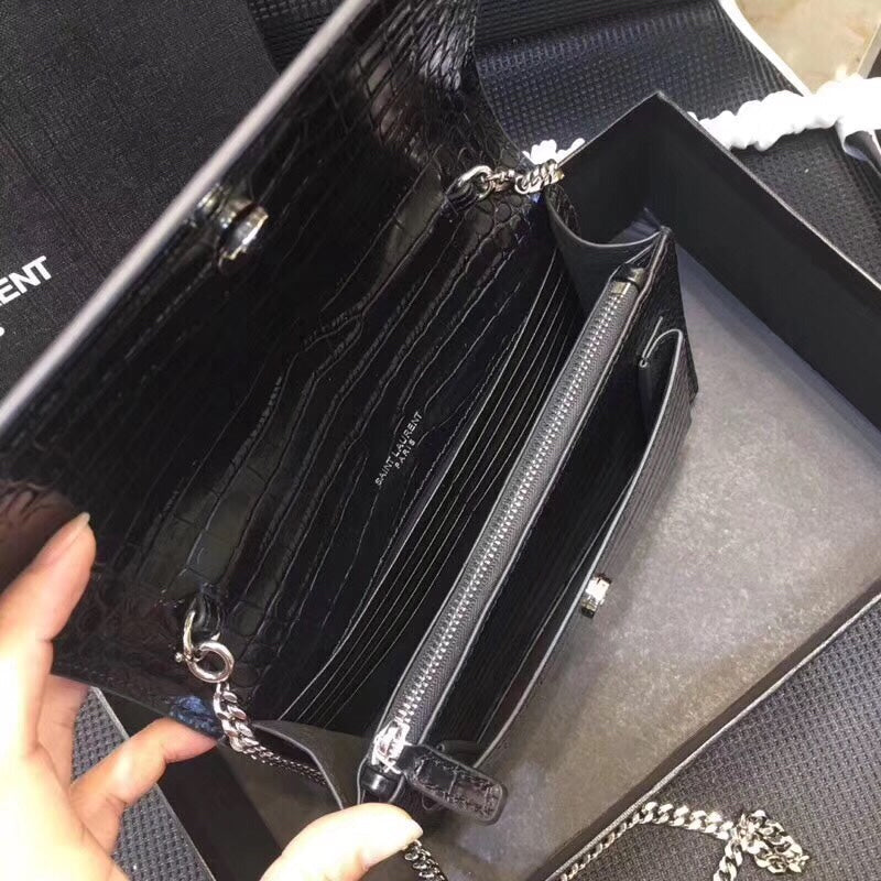 YSSL Sunset Chain Wallet Â In-Embossed Black For Women 8in/21cm YSL