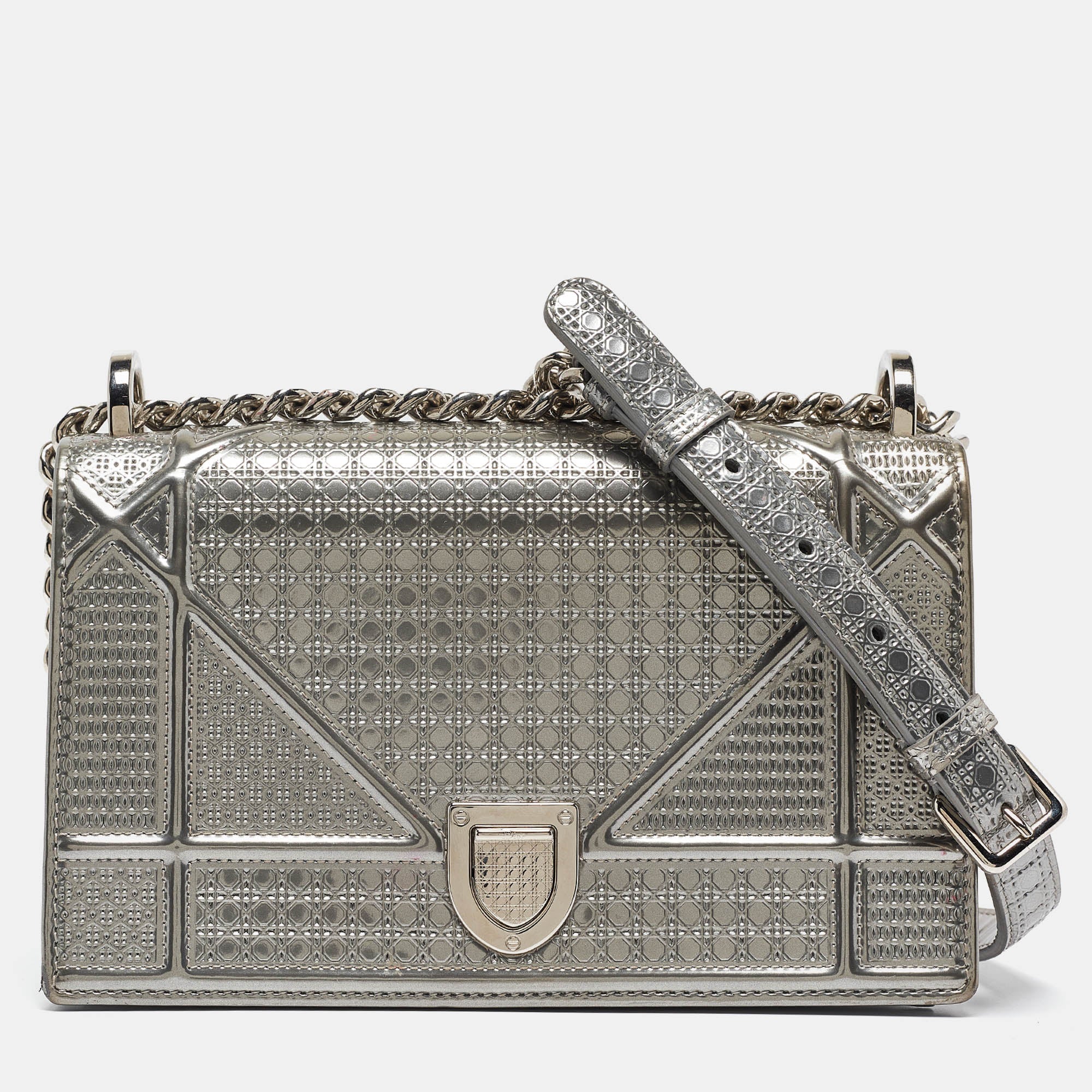 Silver  Leather Small Diorama Shoulder Bag