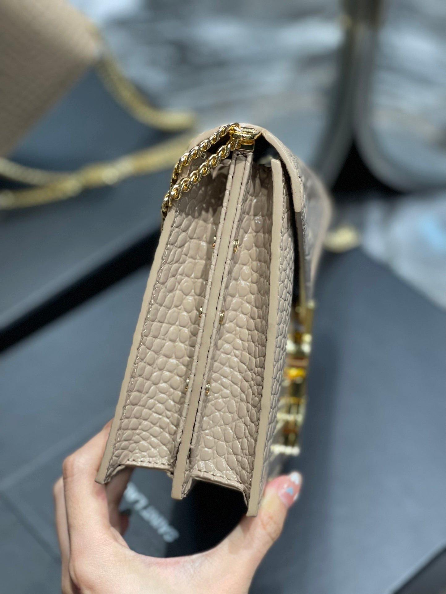 YSSL Cassandra Medium Chain Bag Dark Beige In Grain De Poudre Embossed For Women 8in/22cm YSL 532750DND0J2721