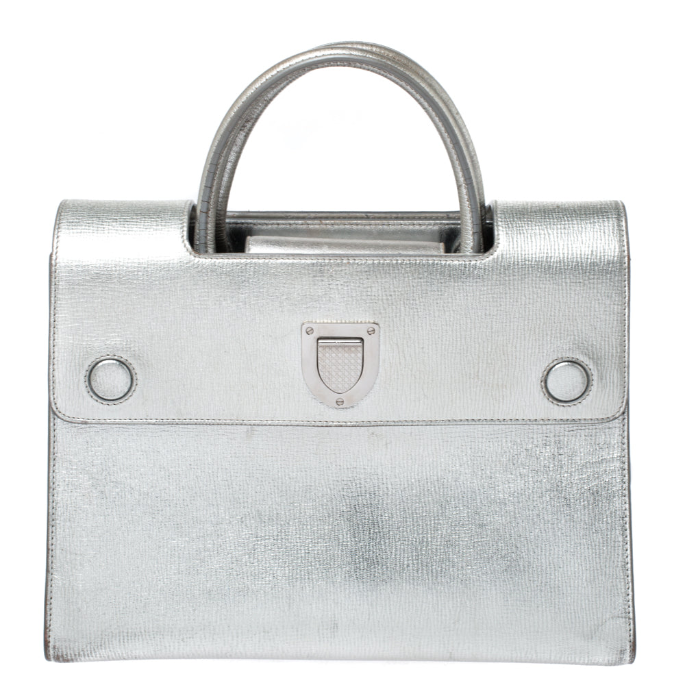 Metallic Silver Leather Medium Diorever Bag