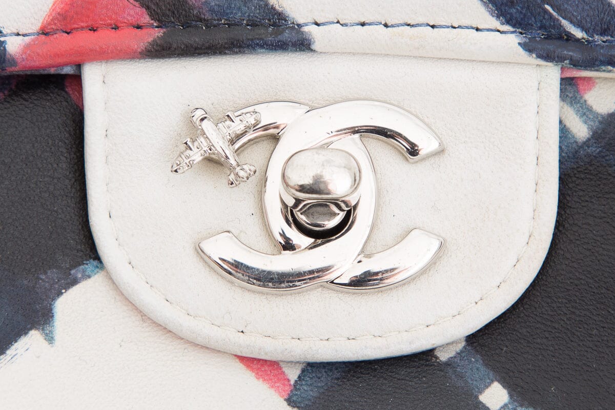 Chanel 2016 Blue and White Painted Print Lambskin Airline Classic Double Flap