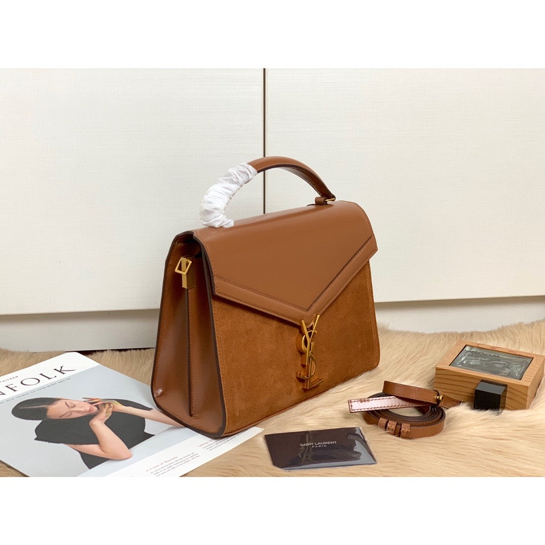 YSSL Cassandra Medium Top Handle Bag In Box And Velvet Brown For Women 9in/24.5cm YSL