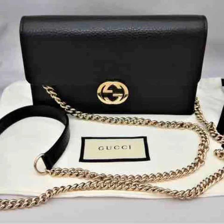 Gucci Interlocking Gucci Crossbody Wallet On Chain, Black Leather