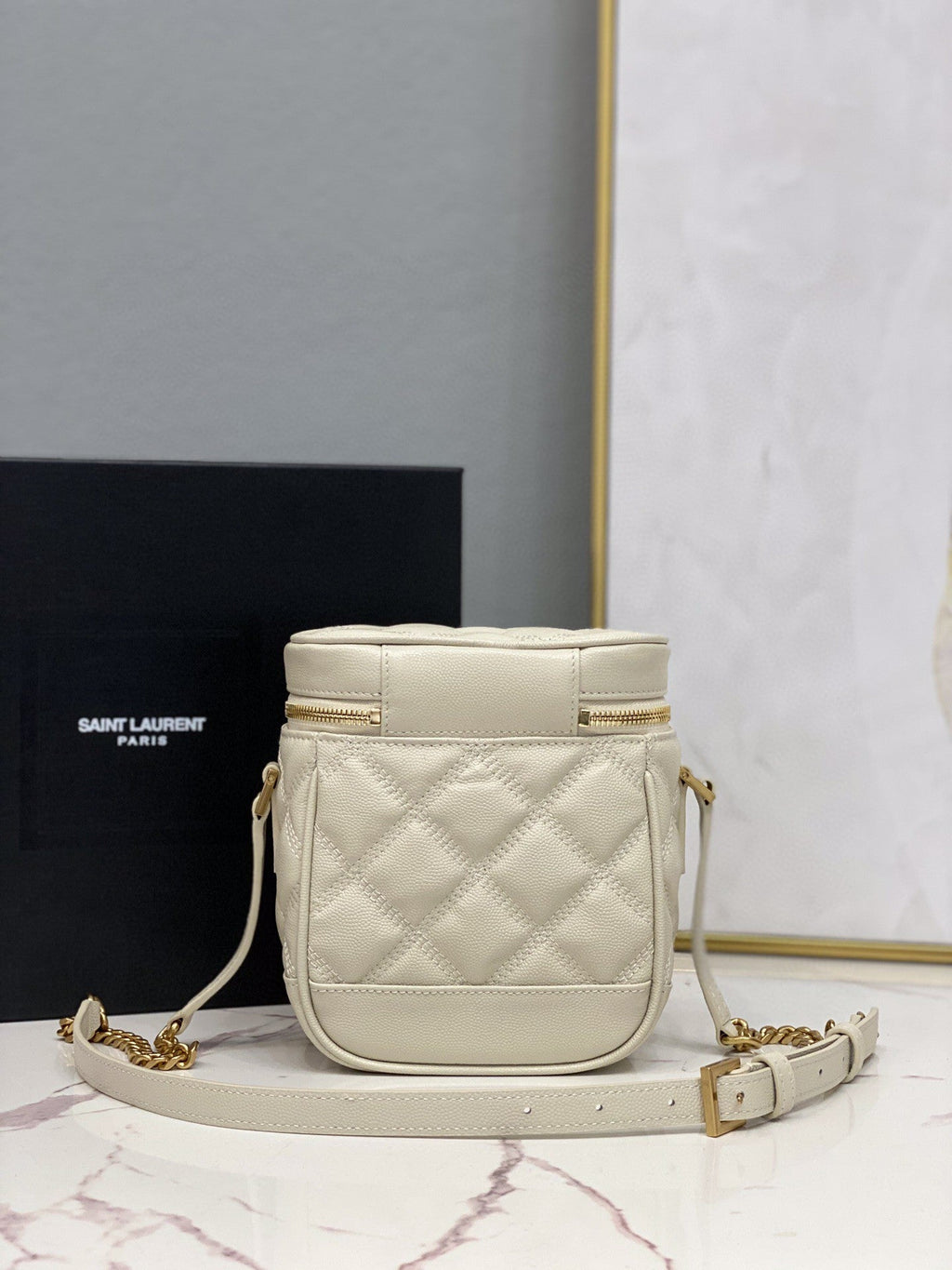 YSSL 80’s Vanity Bag In CarrÃ©-Quilted Grain De Poudre White For Women 6in/16.5cm YSL 649779DME279207