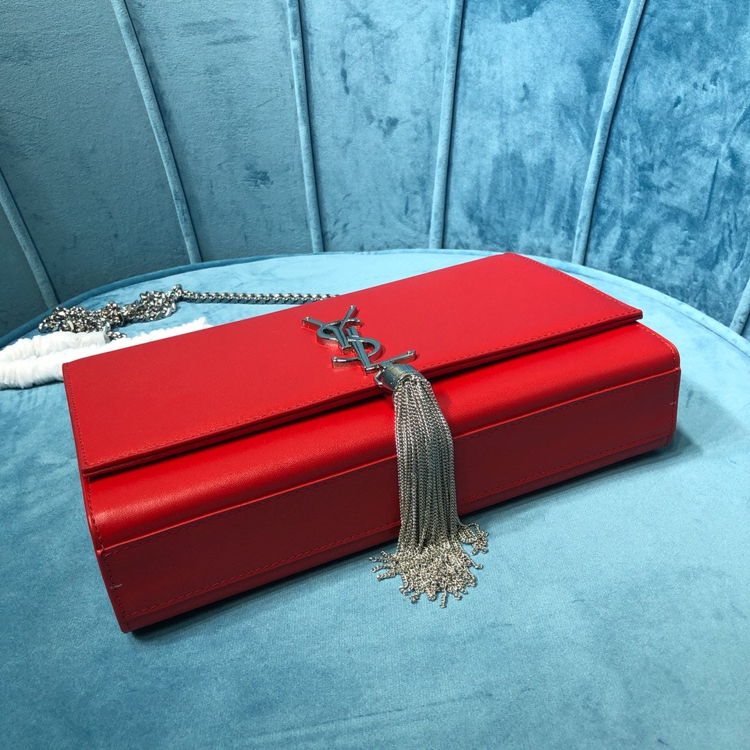 YSSL Kate Medium Chain Bag With Tassel In Grain De Poudre Red For Women 9in/24cm YSL