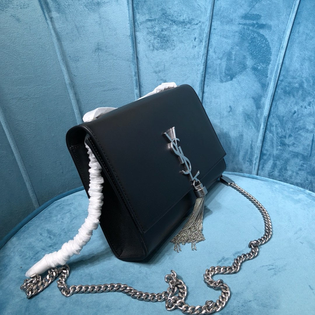 YSSL Kate Medium Chain Bag With Tassel In Grain De Poudre Black For Women 9in/24cm YSL 354119BOW0N1000