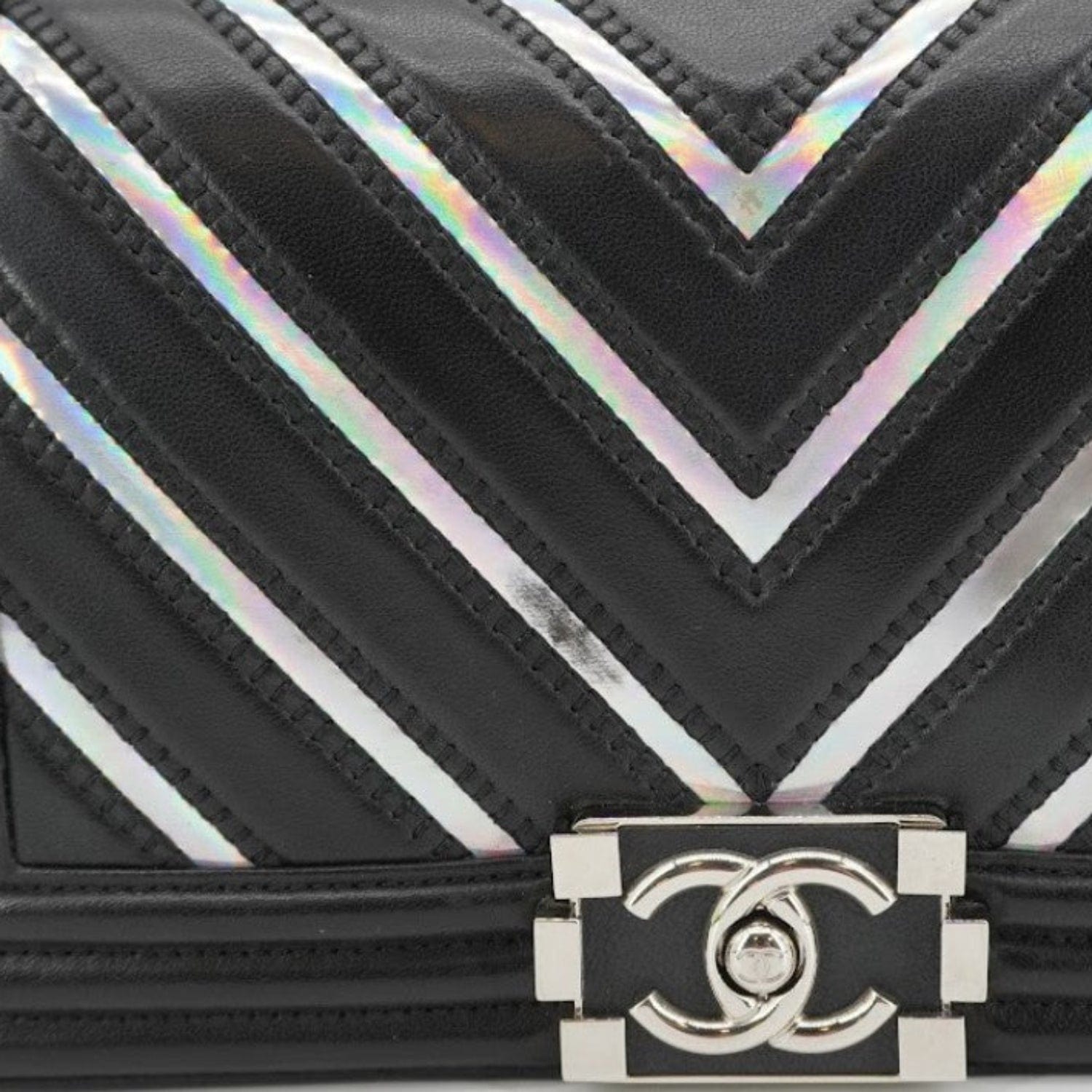 Chanel Boy Flap Chevron Leather with Holographic PVC Crossbody Bag Black