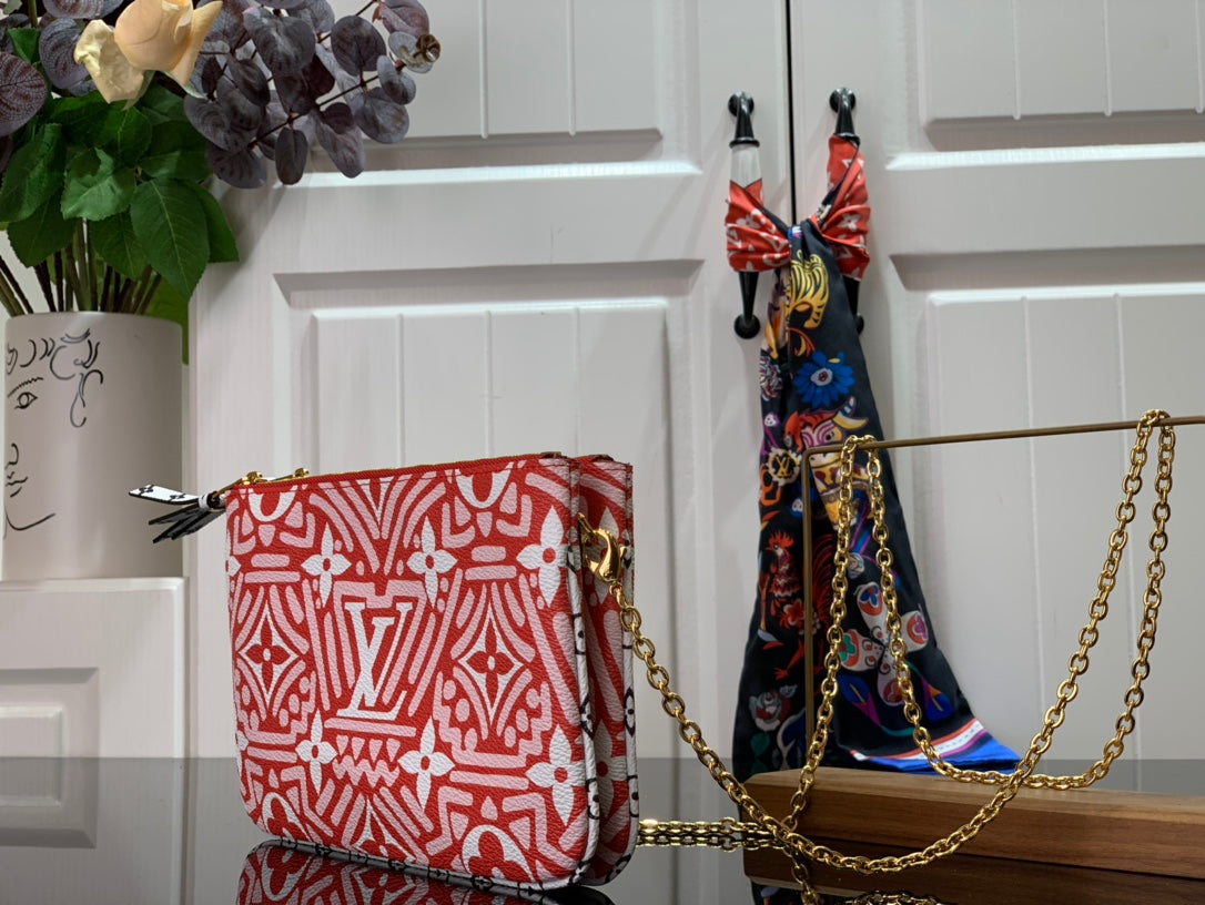Louis Vuitton Louis Vuitton Crafty Double Zip Pochette Monogram Canvas Red/White For Women,  Shoulder And Crossbody Bags 7.9in/20cm Louis Vuitton