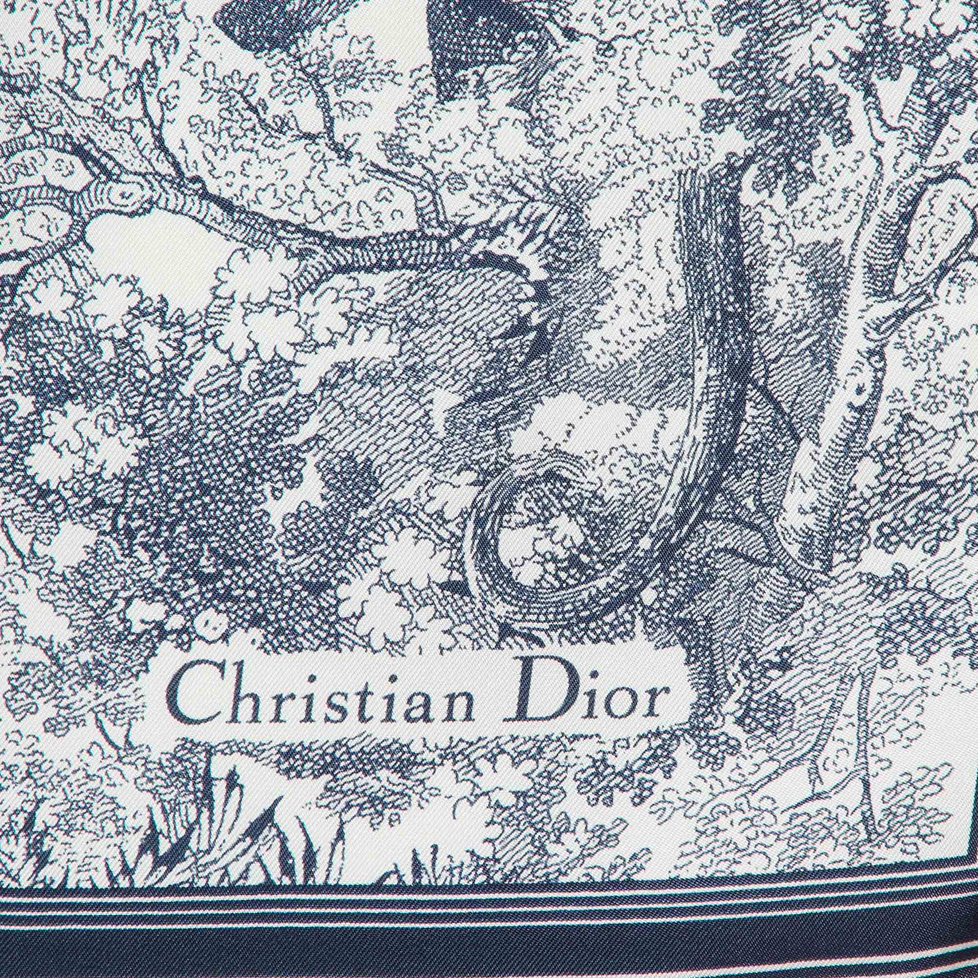 Dior Navy Blue/white Toile De Jouy Sauvage Silk Square Scarf