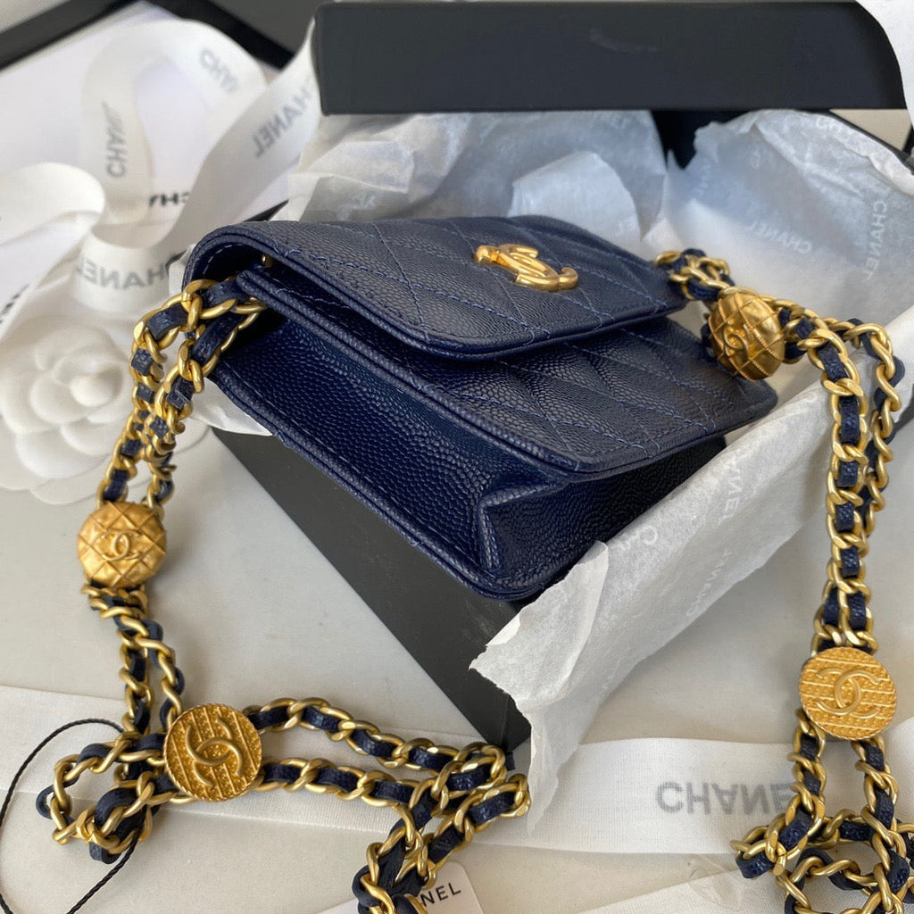 Chanel Clutch With Chain Gold Hardware Grained Shinny Navy Blue For Women Handbags, Shoulder Bags 4.7in/12cm AP2857