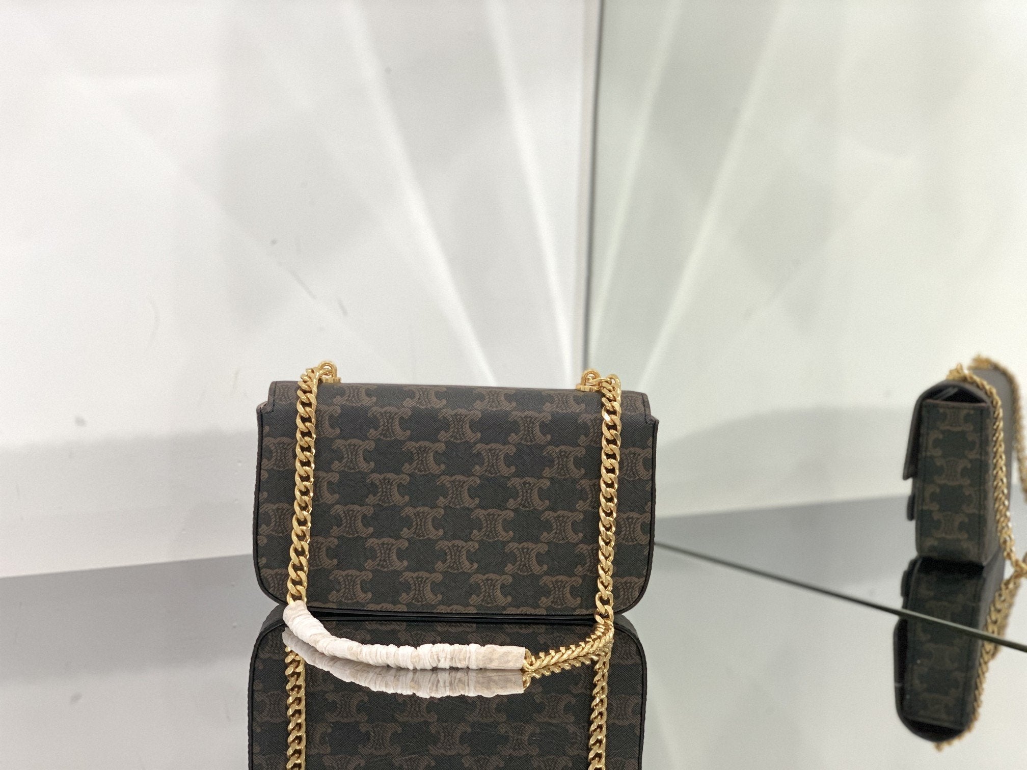 Celine Chain Shoulder Bag Cuir Triomphe In Triomphe Canvas Tan For Women 7.9in/20cm