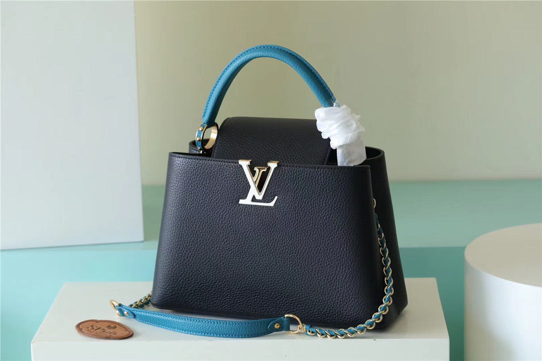 Louis Vuitton Capucines MM Taurillon Black/ Blue For Women, Women’s Bags, Shoulder And Crossbody Bags 12.4in/31.5cm Louis Vuitton 