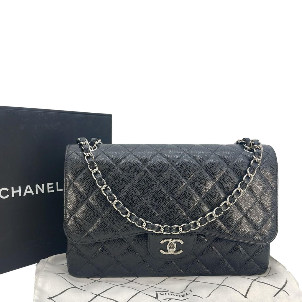 Chanel Classic Jumbo Double Flap Quilted Caviar Leather Shoulder Bag Black