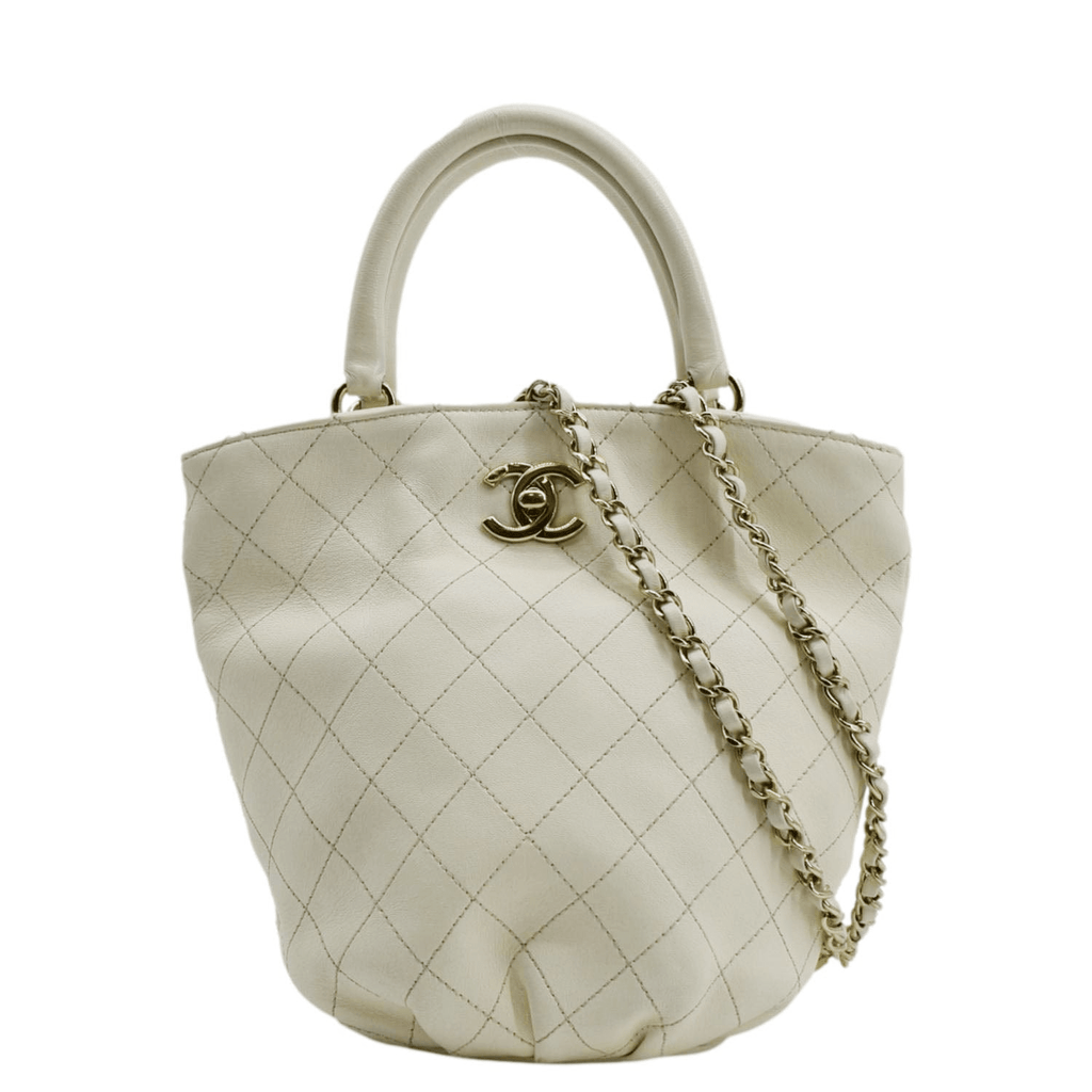 Chanel CC Lock Bucket Stitched Leather Tote Shoulder Bag Off White