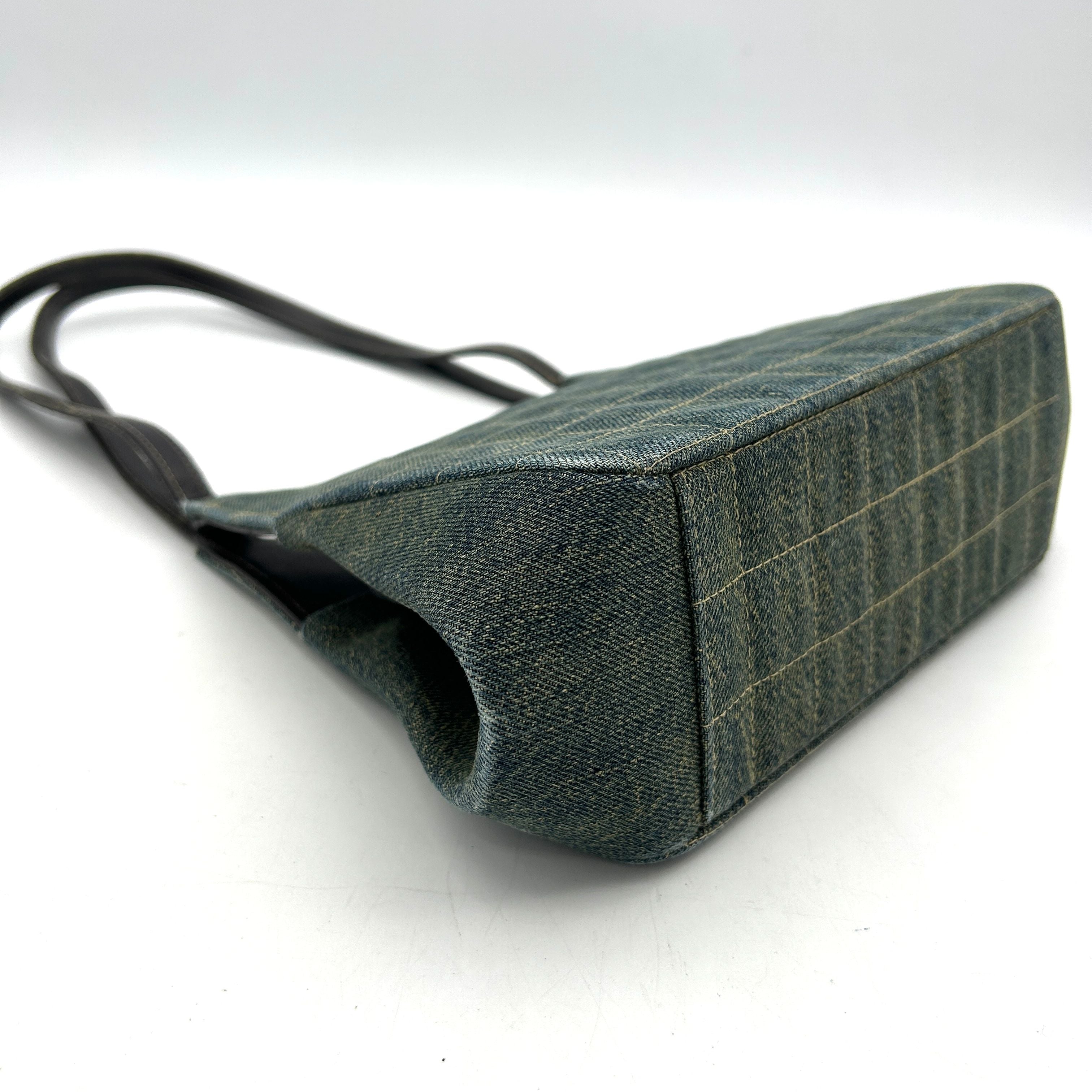 Chanel Denim Leather Shoulder Bag Green Medium LA18337