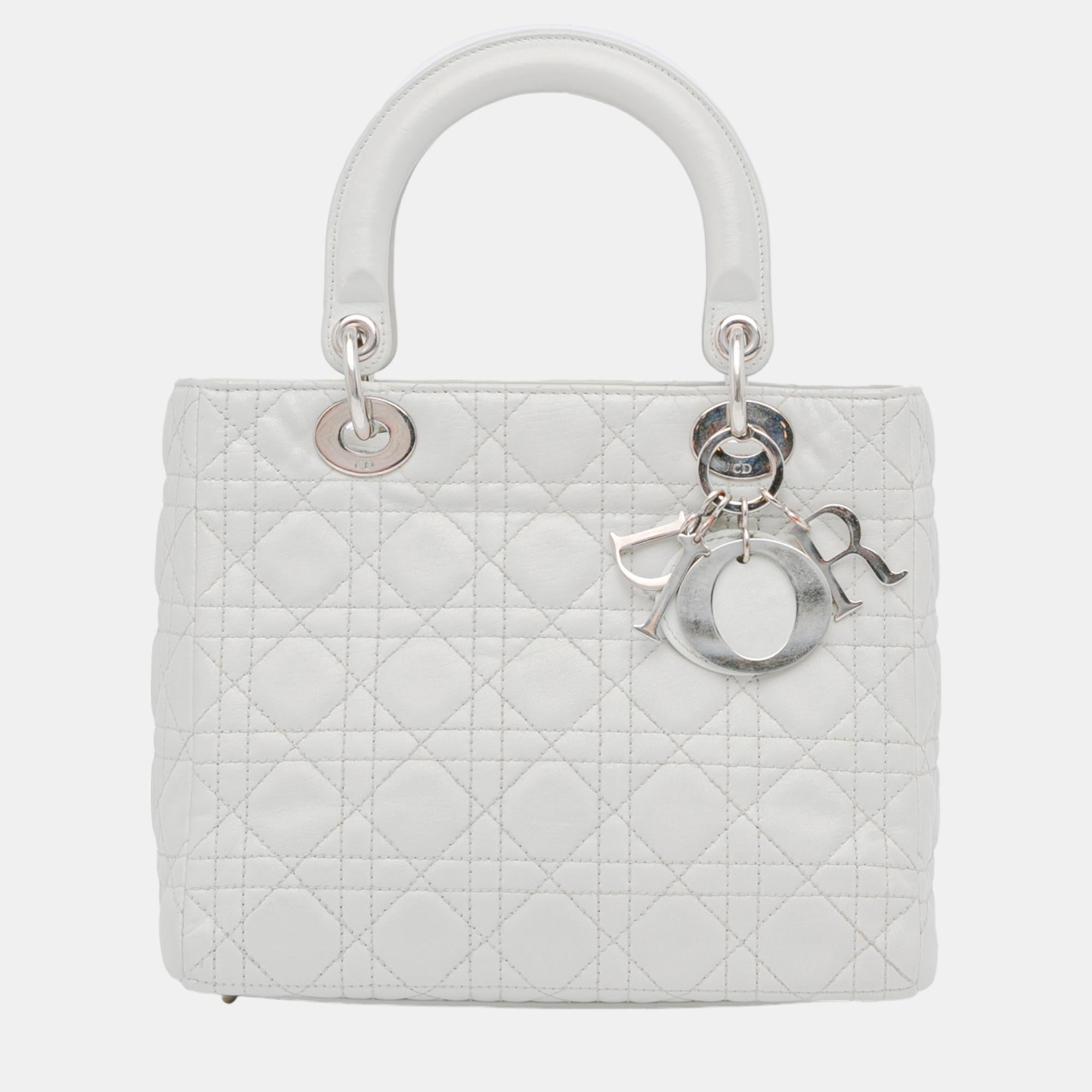 White Medium Lambskin Cannage Lady Dior